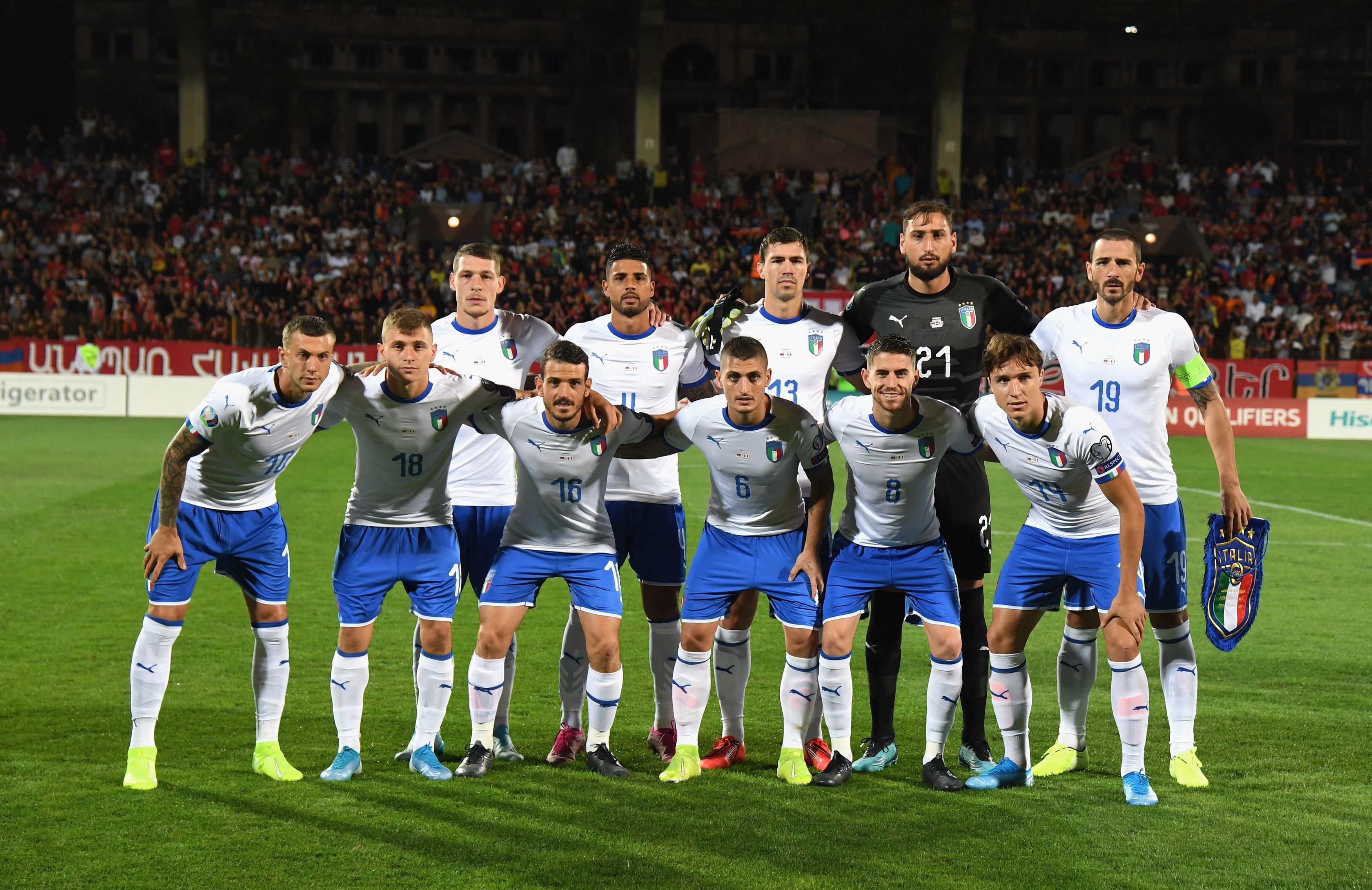 YEREVAN, ARMENIA - SEPTEMBER 05: Players of Italy line up prior to the UEFA Euro 2020 qualifier between Armenia and Italy at Republican Stadium after Vazgen Sargsyan on September 5, 2019 in Yerevan, Armenia. (Photo by Claudio Villa/Getty Images)
