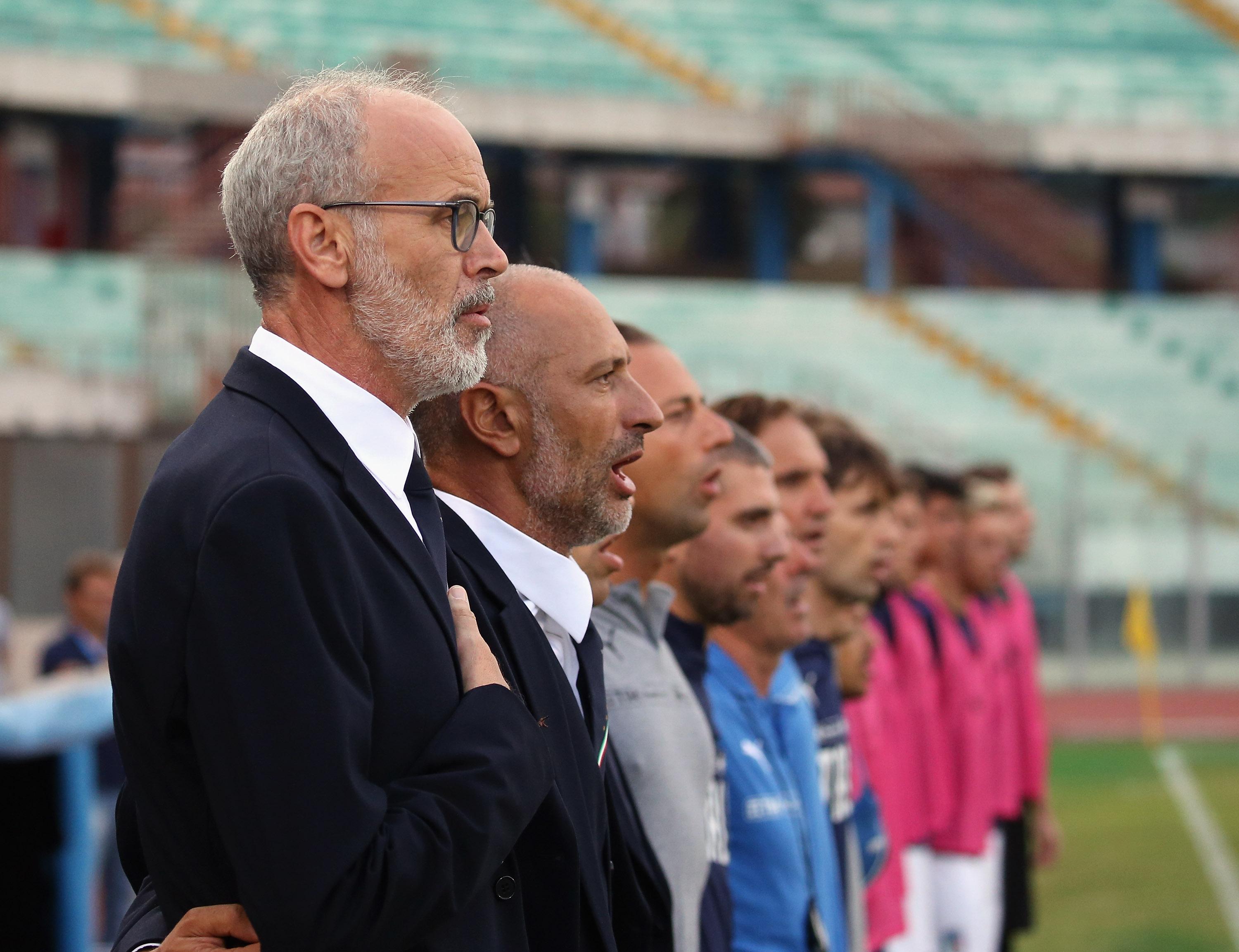 CATANIA, ITALY - SEPTEMBER 06: Head coach of Italy Paolo Nicolato signs the national anthem prior the U21 International Friendly match between Italy and Moldova at Stadio Angelo Massimino on September 5, 2019 in Catania, Italy. (Photo by Maurizio Lagana/Getty Images)