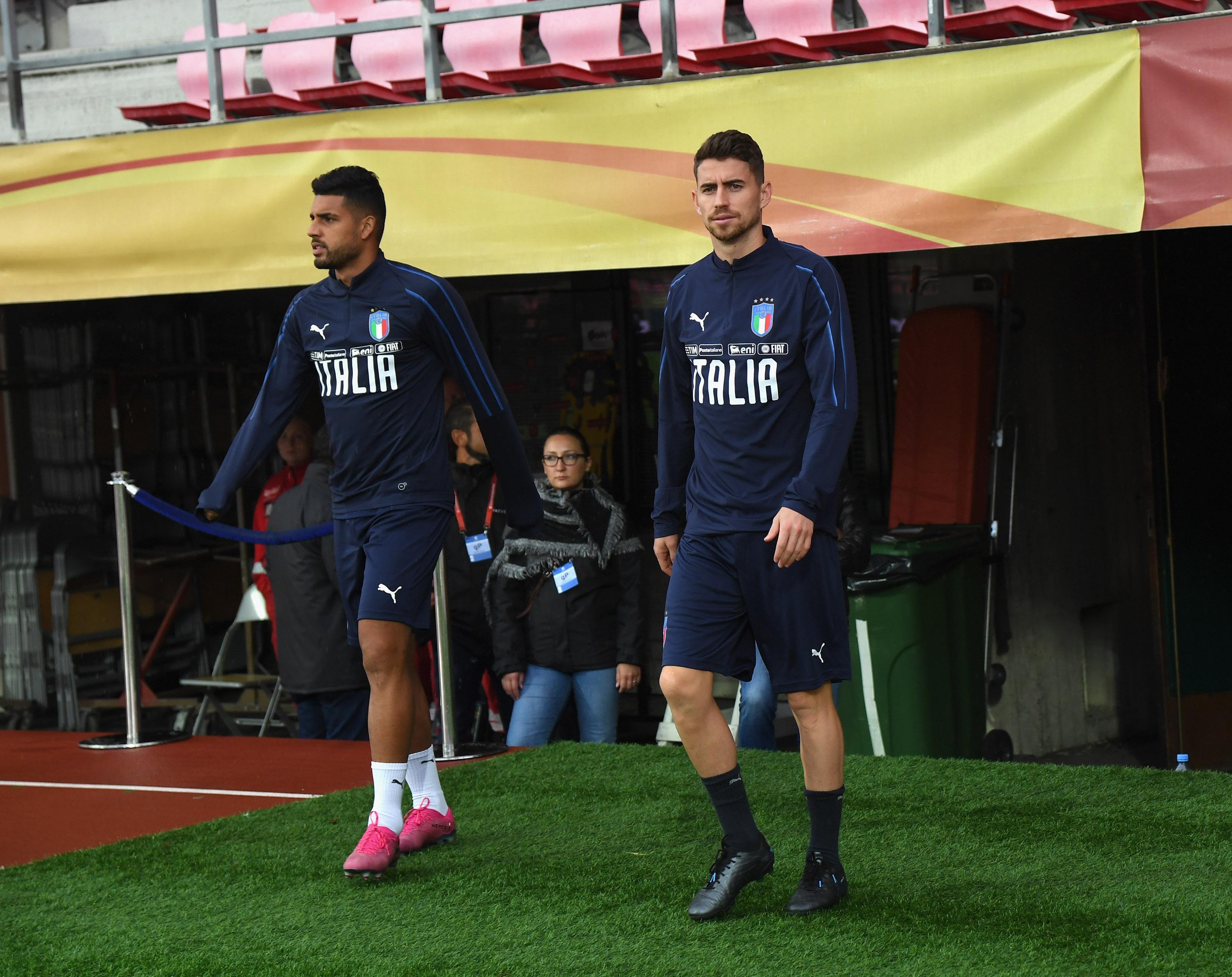 TAMPERE, FINLAND - SEPTEMBER 07: Jorginho and Emerson Palmieri of Italy in action during a Italy training session at Ratina stadium on September 7, 2019 in Tampere, Finland. (Photo by Claudio Villa/Getty Images)