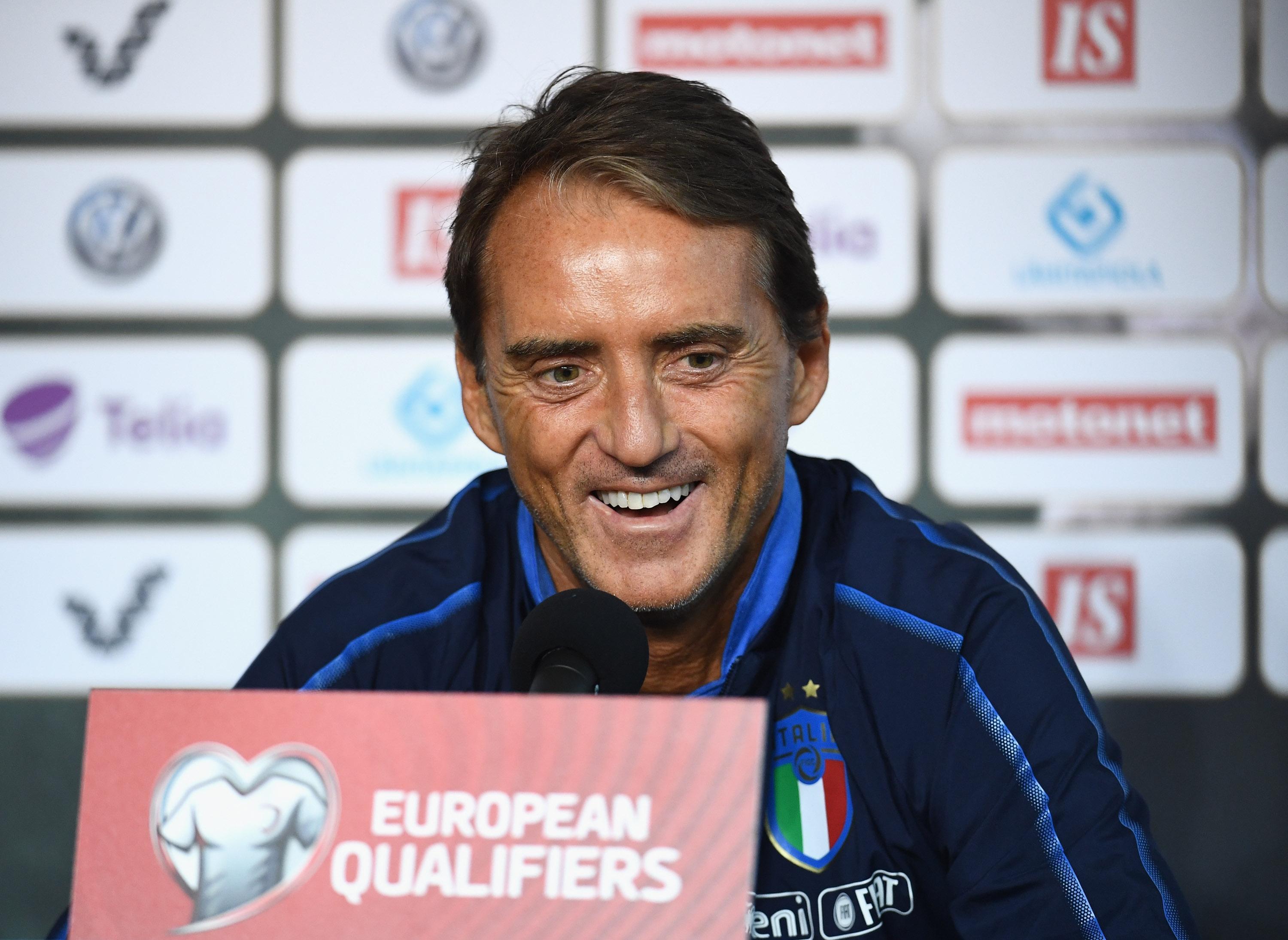 TAMPERE, FINLAND - SEPTEMBER 07: Head coach Italy Roberto Mancini speaks with the media during press conference at Ratina stadium on September 7, 2019 in Tampere, Finland. (Photo by Claudio Villa/Getty Images)