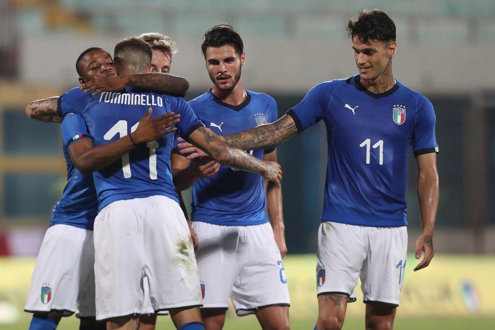 CATANIA, ITALY - SEPTEMBER 06:  Marco Tumminiello of Italy celebrates after scoring his team\\'s 4th goal during the U21 International Friendly match between Italy and Moldova at Stadio Angelo Massimino on September 5, 2019 in Catania, Italy.  (Photo by Maurizio Lagana/Getty Images)