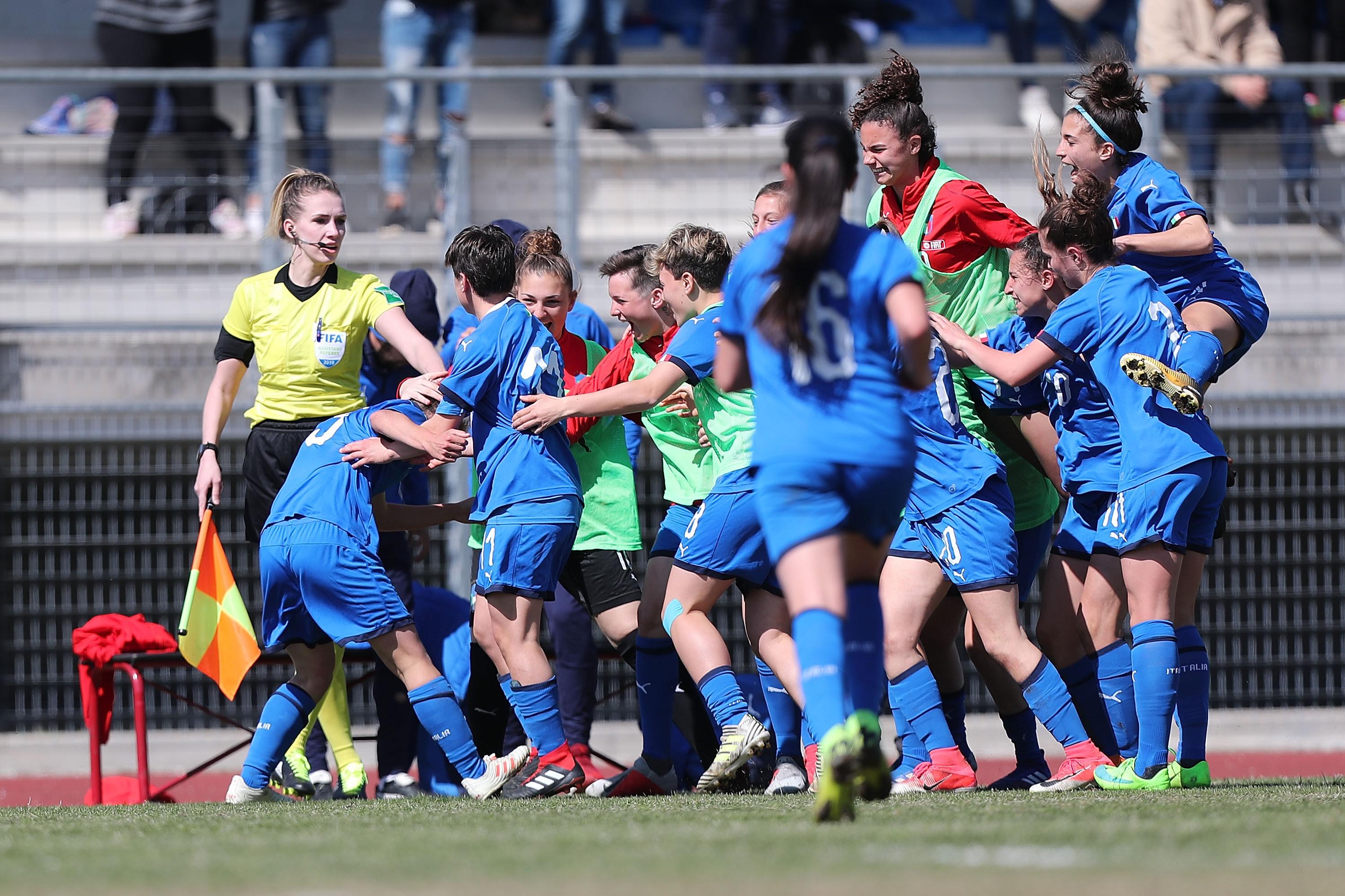 SAN GIULIANO TERME, ITALY - MARCH 21: Michela Giordano of Italy U17 Women celebrates after scoring a goal during the UEFA Elite Round match between Italy Women U17 and Iceland Women U17 on March 21, 2019 in San Giuliano Terme, Italy.  (Photo by Gabriele Maltinti/Getty Images)