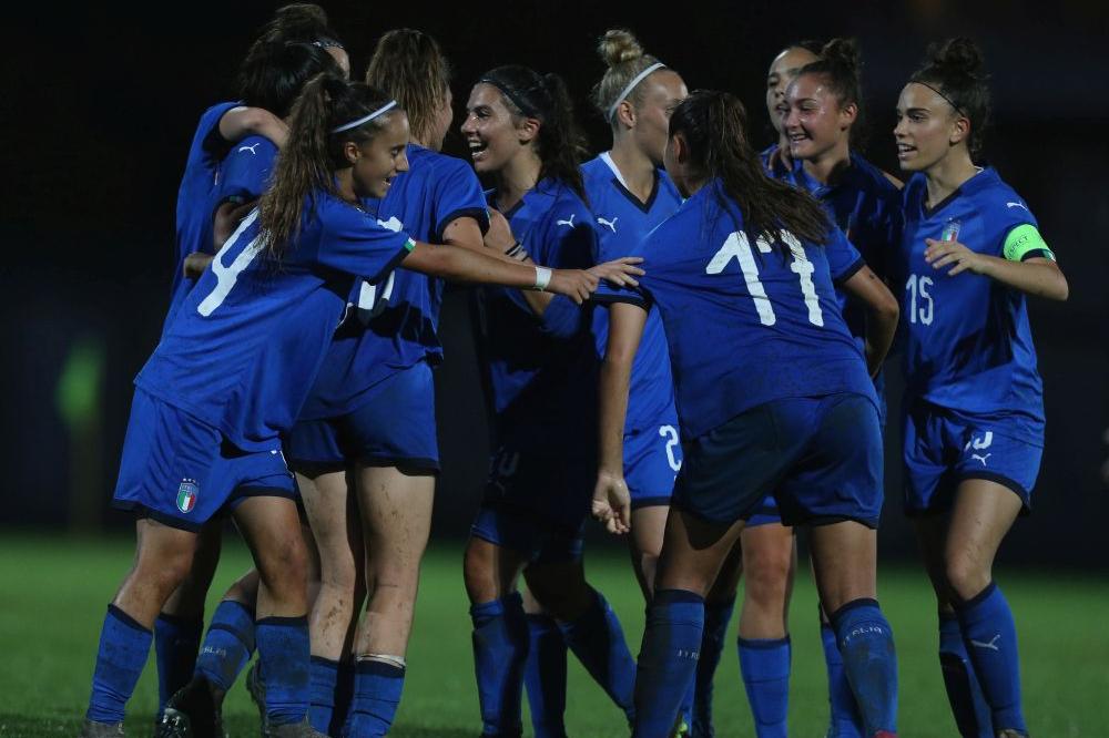 PERUGIA, ITALY - SEPTEMBER 23: Italian players celebrate during the frendly match between Italy U17 women and Serbia U17 women at Enzo Blasone stadium on September 23, 2019 in Foligno near Perugia, Italy. (Photo by Paolo Bruno/Getty Images)