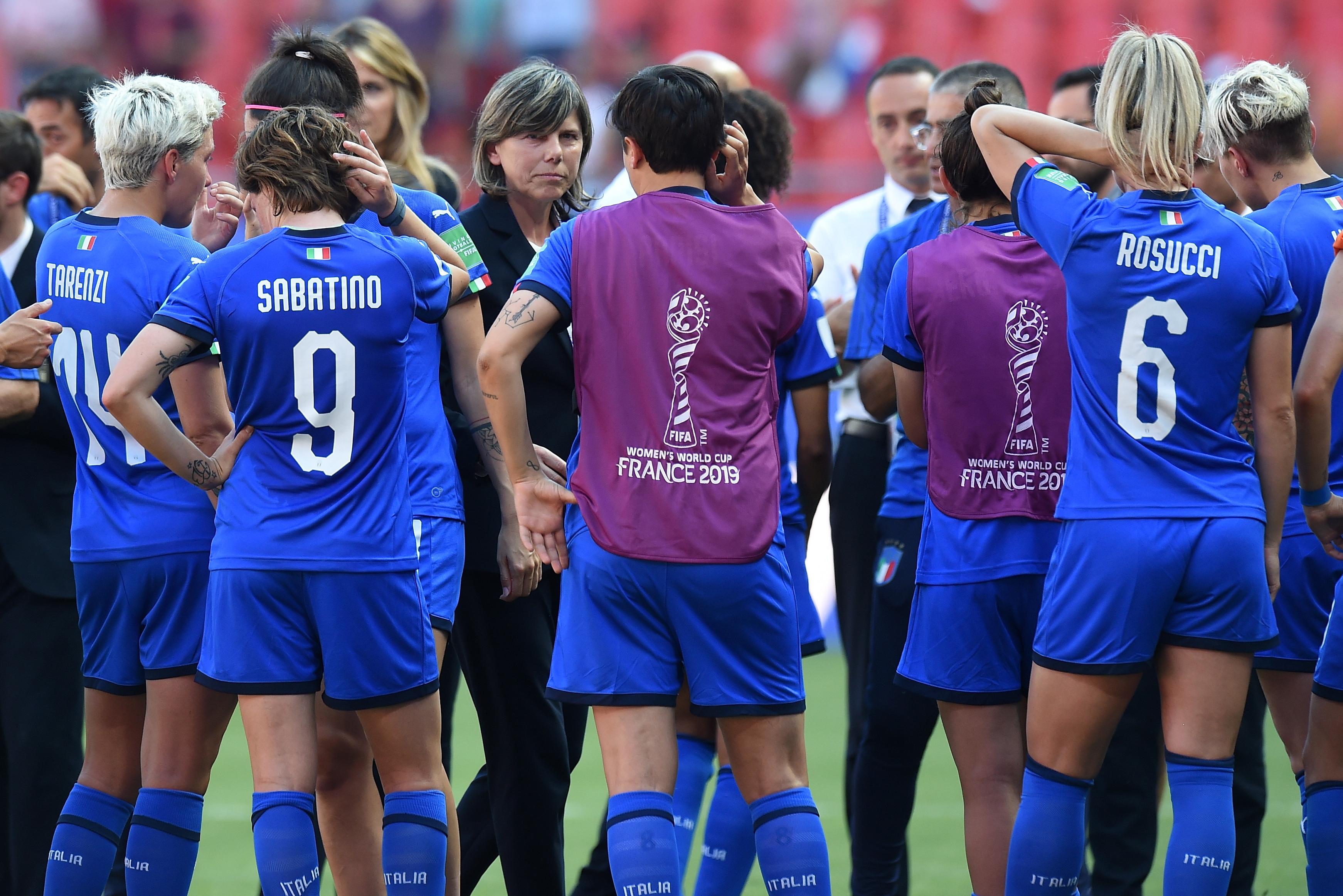 VALENCIENNES, FRANCE - JUNE 29: Head coach Milena Bertolini and players of Italy reacts after losing the 2019 FIFA Women\\'s World Cup France Quarter Final match between Italy and and Netherlands at Stade du Hainaut on June 29, 2019 in Valenciennes, France. (Photo by Tullio M. Puglia/Getty Images)