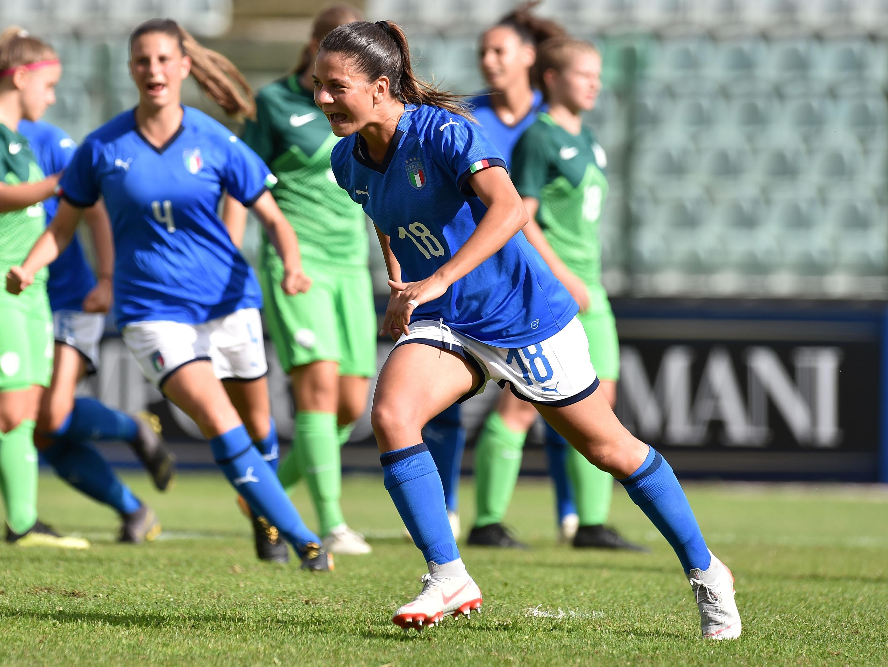 SIENA, ITALY - OCTOBER 05: Ludovica Silvioni of Italy celebrates after scoring opening goal during the UEFA European Women's Under-19 Qualifying Round Group 8 match between Italy U19 and Slovenia U19 at Stadio Artemio Franchi on October 5, 2019 in Siena, Italy. (Photo by Giuseppe Bellini/Getty Images)