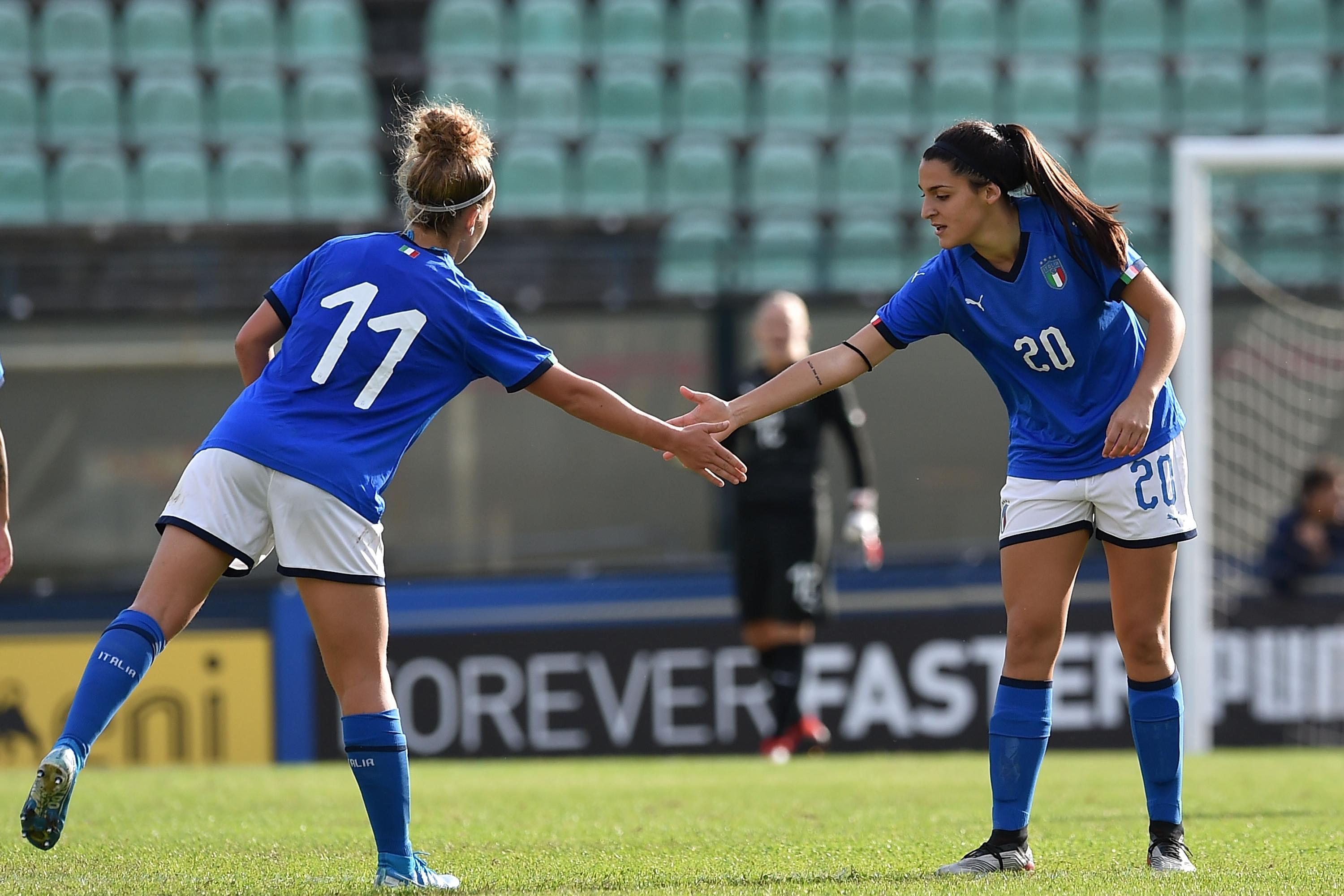 SIENA, ITALY - OCTOBER 05: Serena Landa of Italy celebrates after scoring goal 3-1 during the UEFA European Women\\'s Under-19 Qualifying Round Group 8 match between Italy U19 and Slovenia U19 at Stadio Artemio Franchi on October 5, 2019 in Siena, Italy.  (Photo by Giuseppe Bellini/Getty Images)