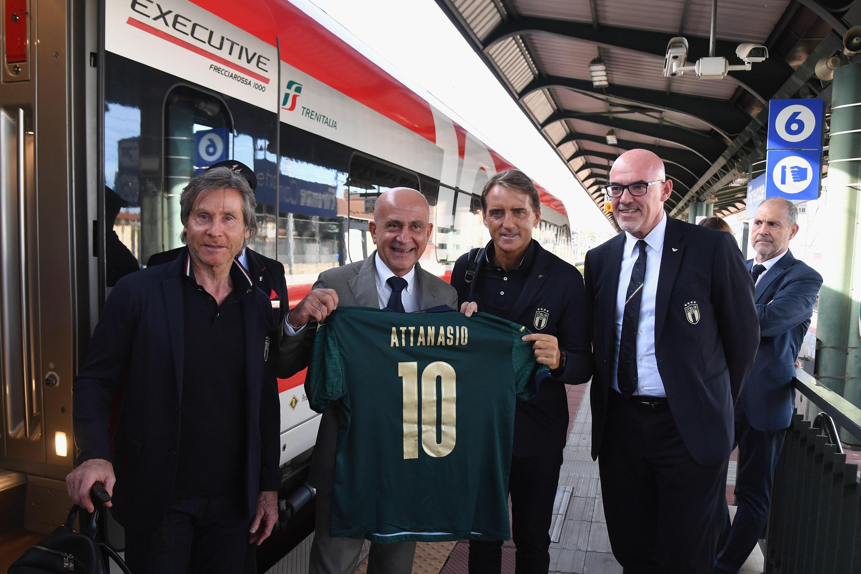 FLORENCE, ITALY - OCTOBER 10:  Gabriele Oriali, Mr Attanasio, Roberto Mancini and Marco Brunelli attend on October 10, 2019 in Florence, Italy.  (Photo by Claudio Villa/Getty Images)