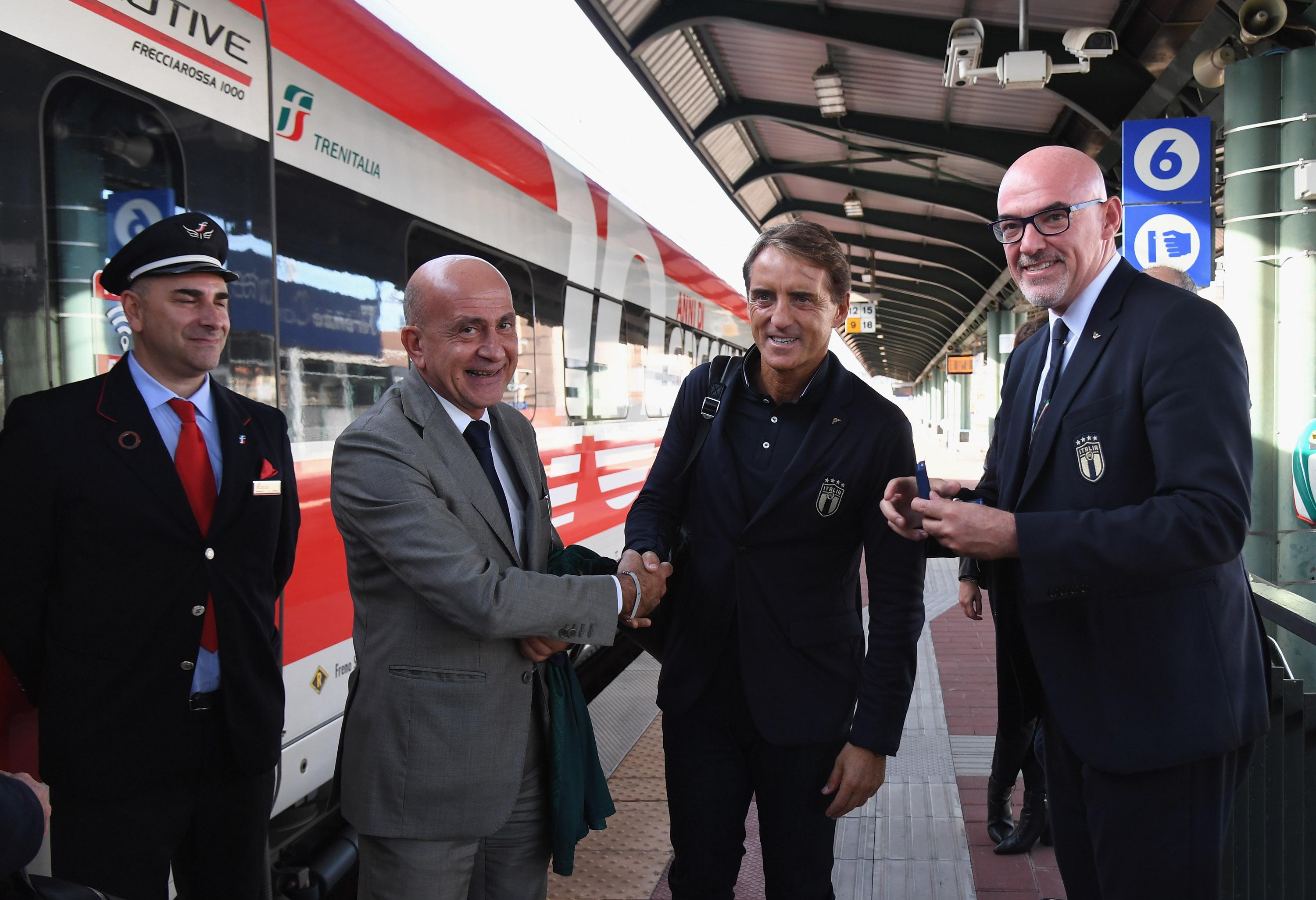 FLORENCE, ITALY - OCTOBER 10: Mr Attanasio, Roberto Mancini and Marco Brunelli attend on October 10, 2019 in Florence, Italy. (Photo by Claudio Villa/Getty Images)