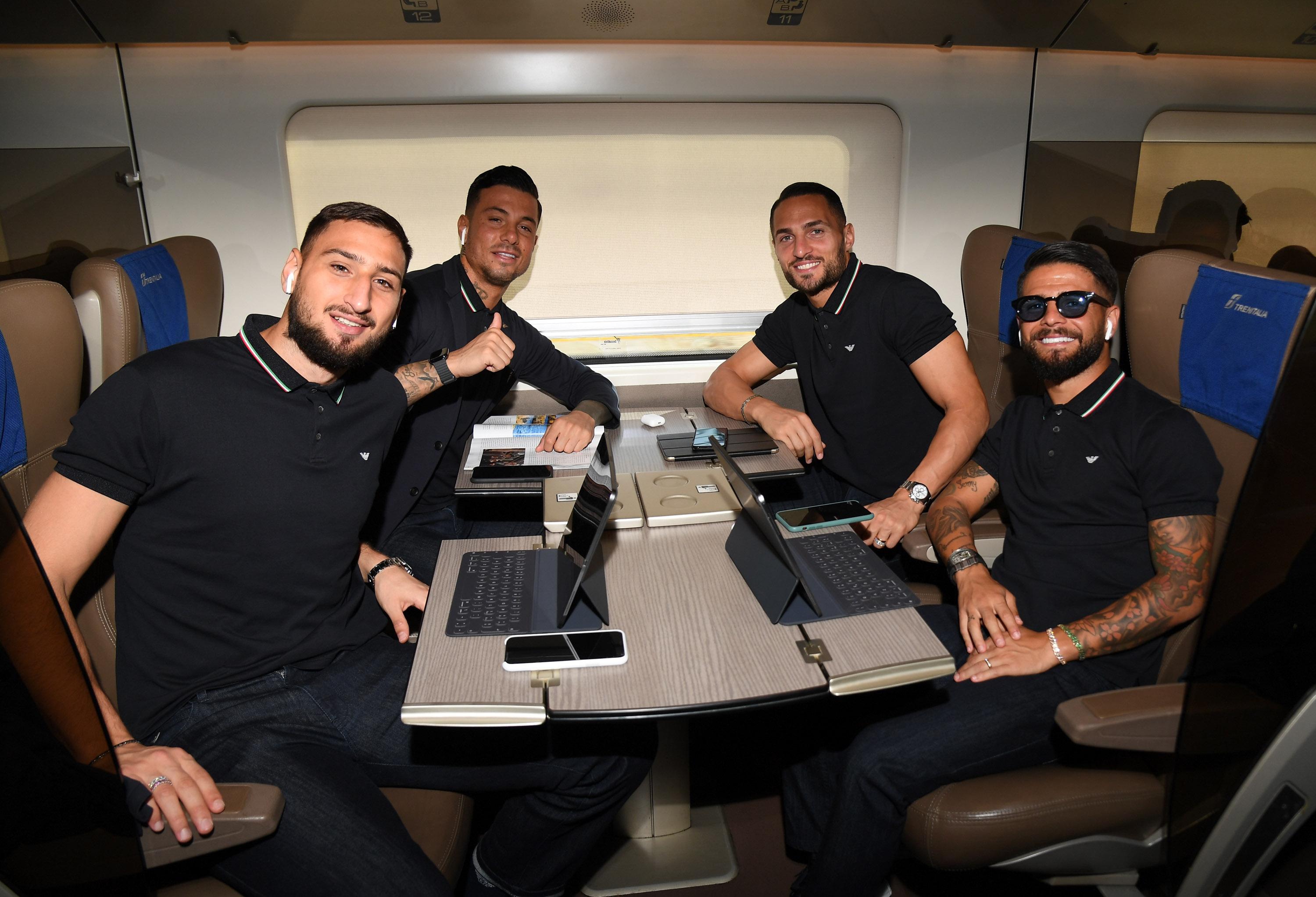 FLORENCE, ITALY - OCTOBER 10: Gianluigi Donnarumma, Armando Izzo, Danilo D'Ambrosio and Lorenzo Insigne of Italy depart to Rome on October 10, 2019 in Florence, Italy. (Photo by Claudio Villa/Getty Images)