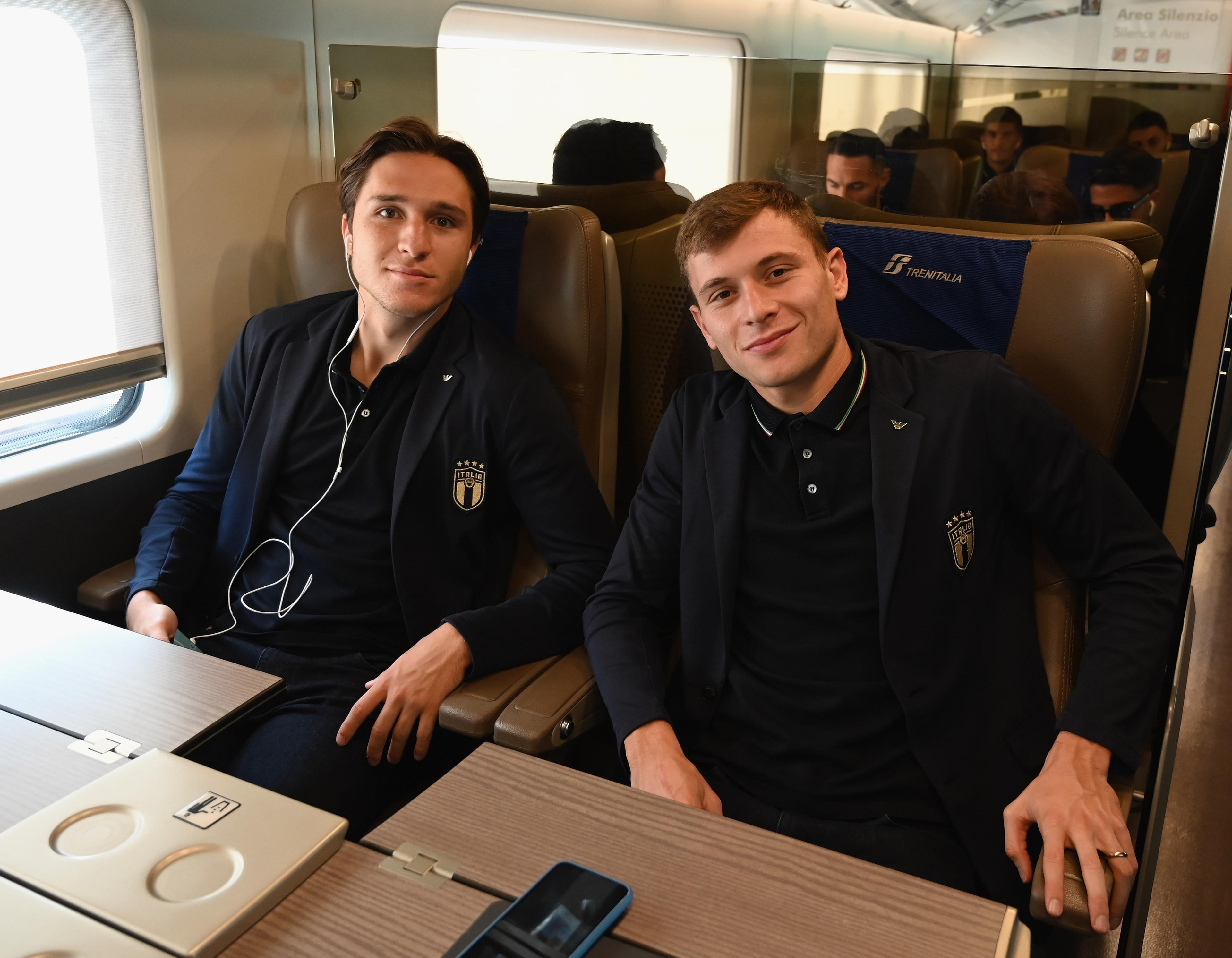 FLORENCE, ITALY - OCTOBER 10: Federico Chiesa and Nicolo Barella of Italy depart to Rome on October 10, 2019 in Florence, Italy. (Photo by Claudio Villa/Getty Images)