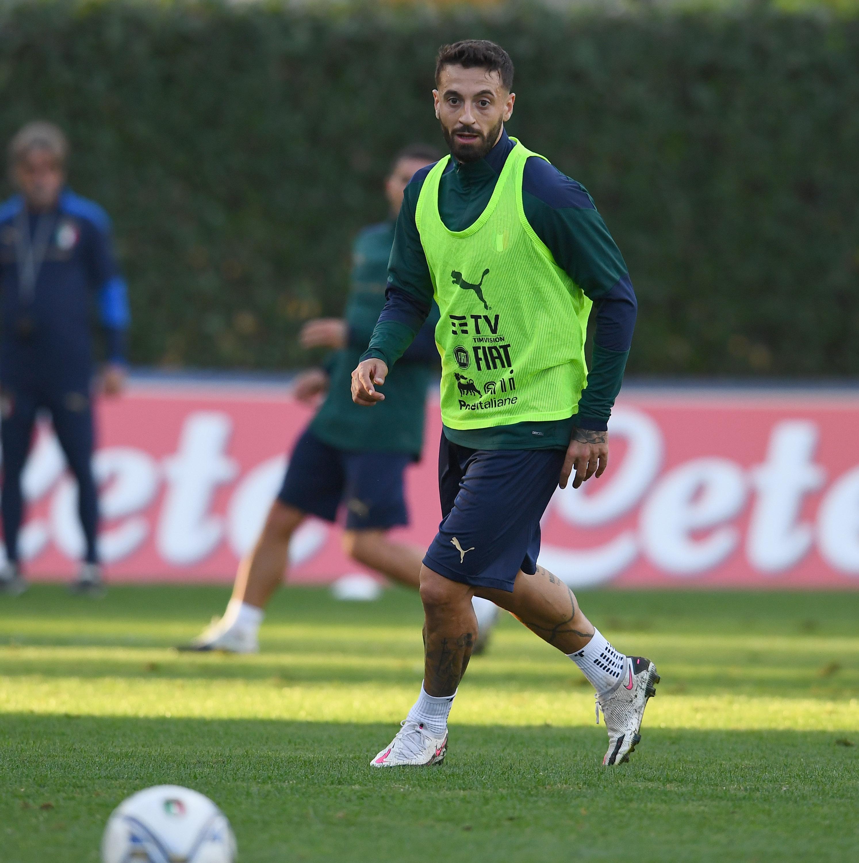 FLORENCE, ITALY - OCTOBER 05: Francesco Caputo of Italy in action during a training session at Centro Tecnico Federale di Coverciano on October 5, 2020 in Florence, Italy. (Photo by Claudio Villa/Getty Images) *** Local Caption *** Francesco Caputo