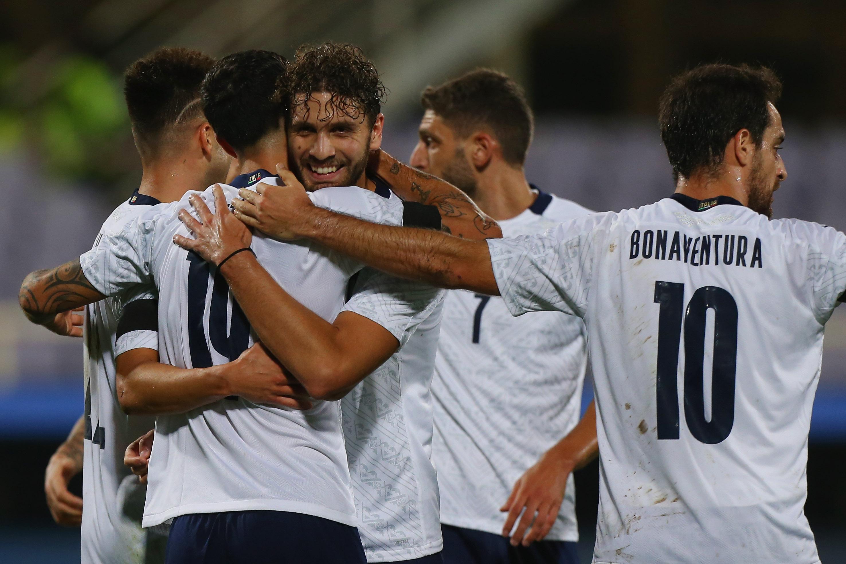 FLORENCE, ITALY - OCTOBER 07:  Francesco Caputo #19 with his teammates of Italy celebrates after scoring the team\\'s second goal during the international friendly match between Italy and Moldova at Artemio Franchi on October 7, 2020 in Florence, Italy.  (Photo by Paolo Bruno/Getty Images) *** Local Caption *** Francesco Caputo