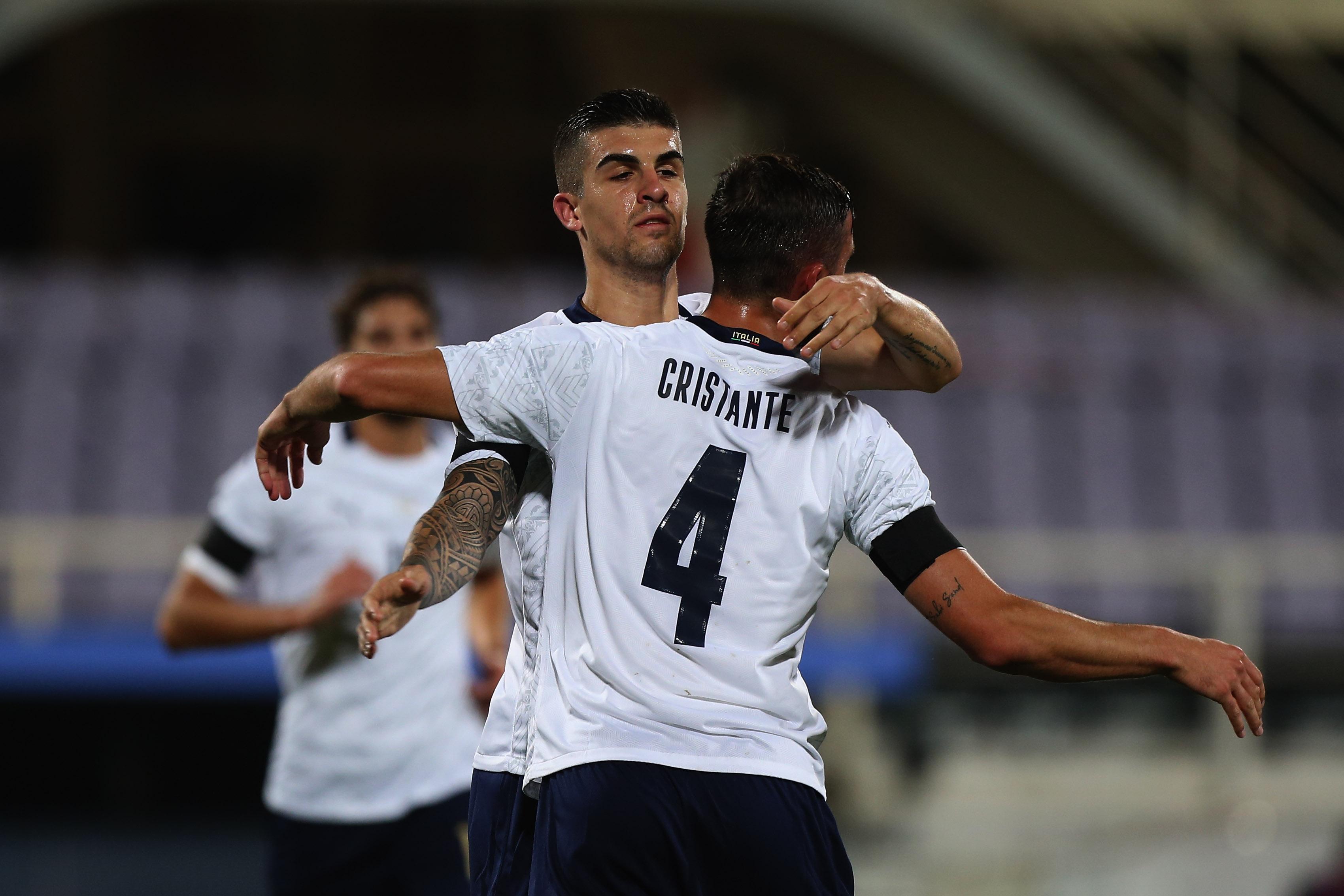 FLORENCE, ITALY - OCTOBER 07: Bryan Cristante with his teammates of Italy celebrates after scoring the opening goal during the international friendly match between Italy and Moldova at Artemio Franchi on October 7, 2020 in Florence, Italy. (Photo by Paolo Bruno/Getty Images) *** Local Caption *** Bryan Cristante