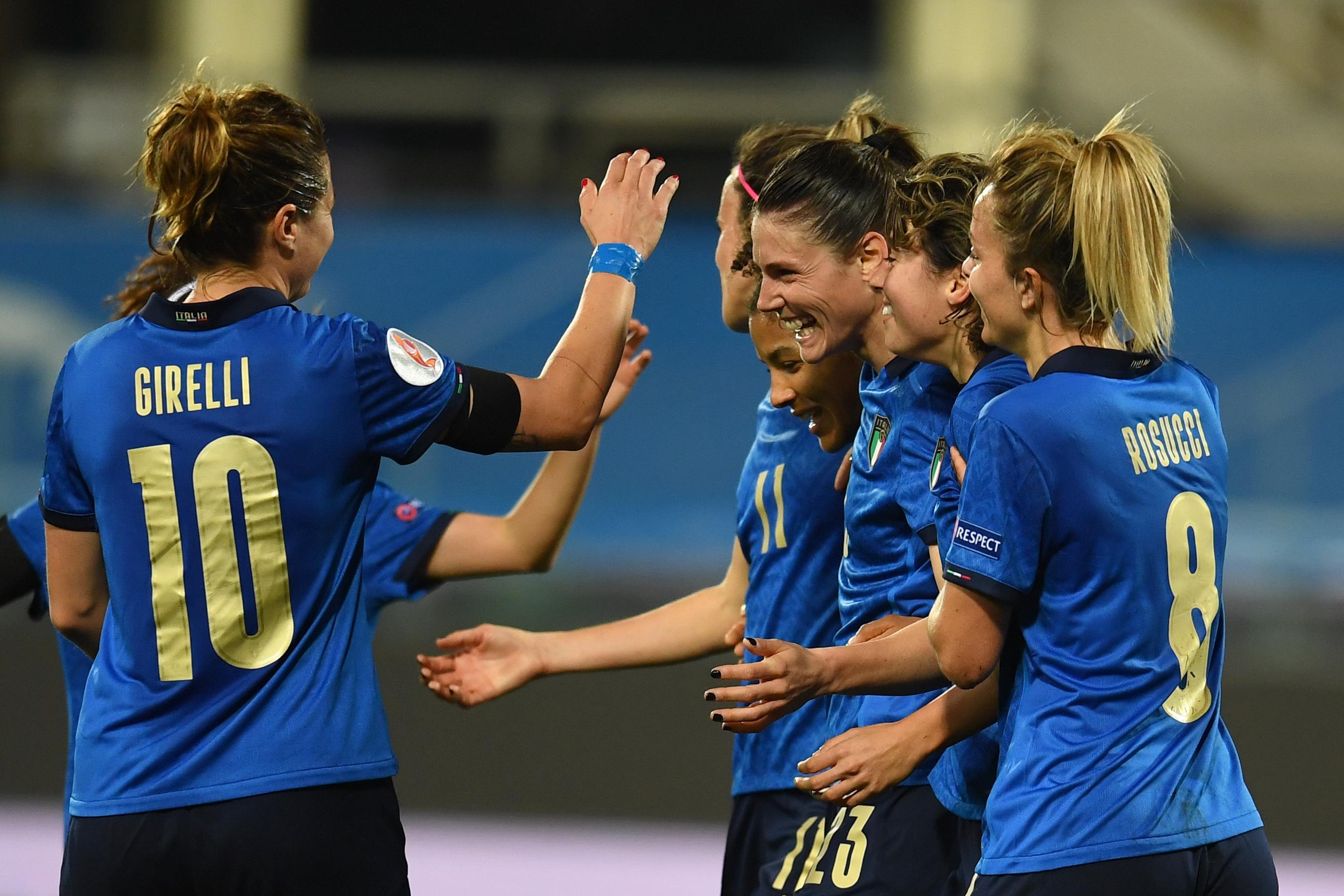 FLORENCE, ITALY - FEBRUARY 24: Cecilia Salvai of Italy  celebrates after scoring the sixth goal during the UEFA Women\\'s EURO 2022 Qualifier match between Italy and Israel at Stadio Artemio Franchi on February 24, 2021 in Florence, Italy. (Photo by Claudio Villa/Getty Images)