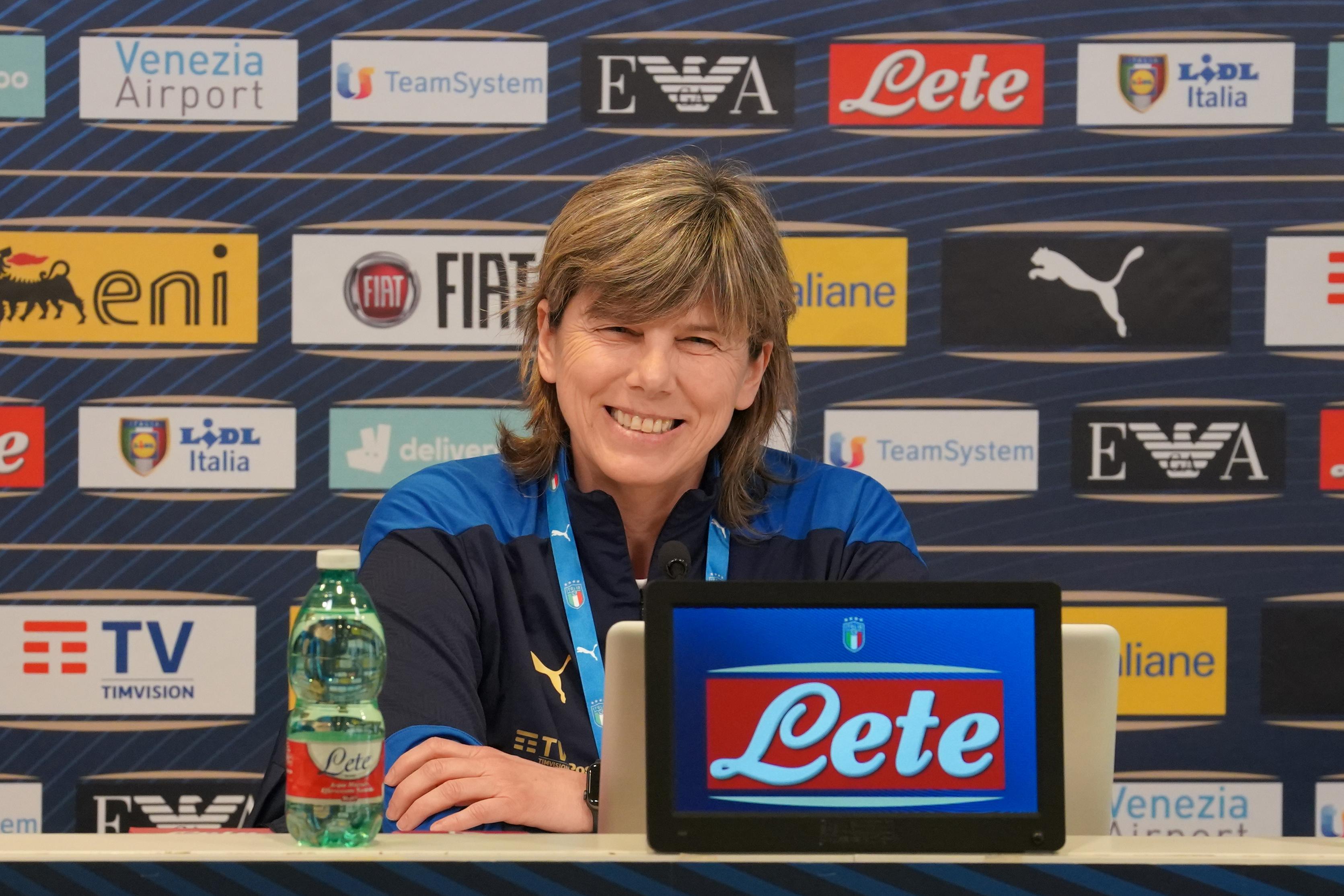 FLORENCE, ITALY - FEBRUARY 23: Head coach Italy Milena Bertolini speaks with the media during press conference at Stadio Artemio Franchi on February 23, 2021 in Florence, Italy. (Photo by Claudio Villa/Getty Images)