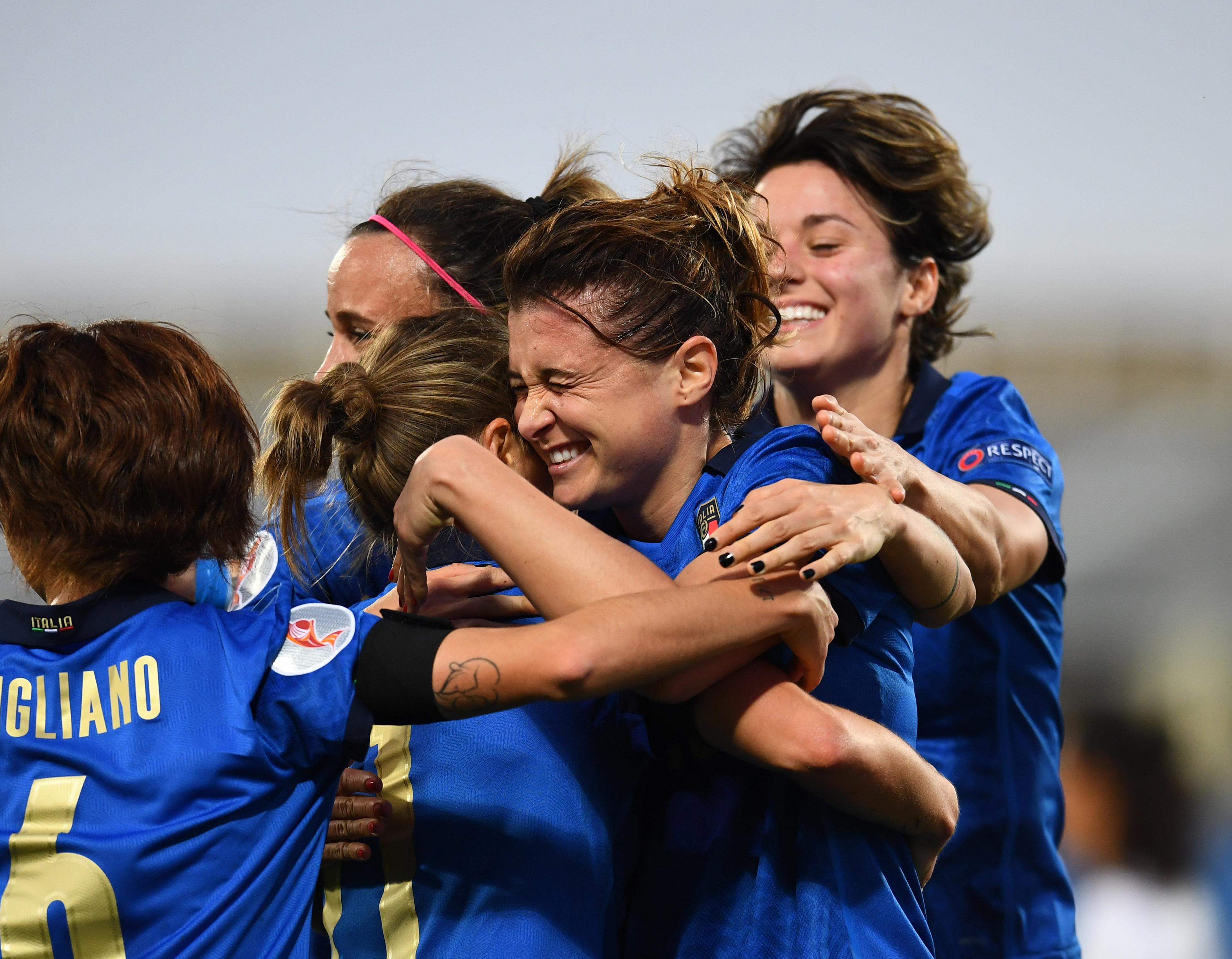 FLORENCE, ITALY - FEBRUARY 24: Cristiana Girelli of Italy celebrates after scoring the fifth goal during the UEFA Women's EURO 2022 Qualifier match between Italy and Israel at Stadio Artemio Franchi on February 24, 2021 in Florence, Italy. (Photo by Claudio Villa/Getty Images)