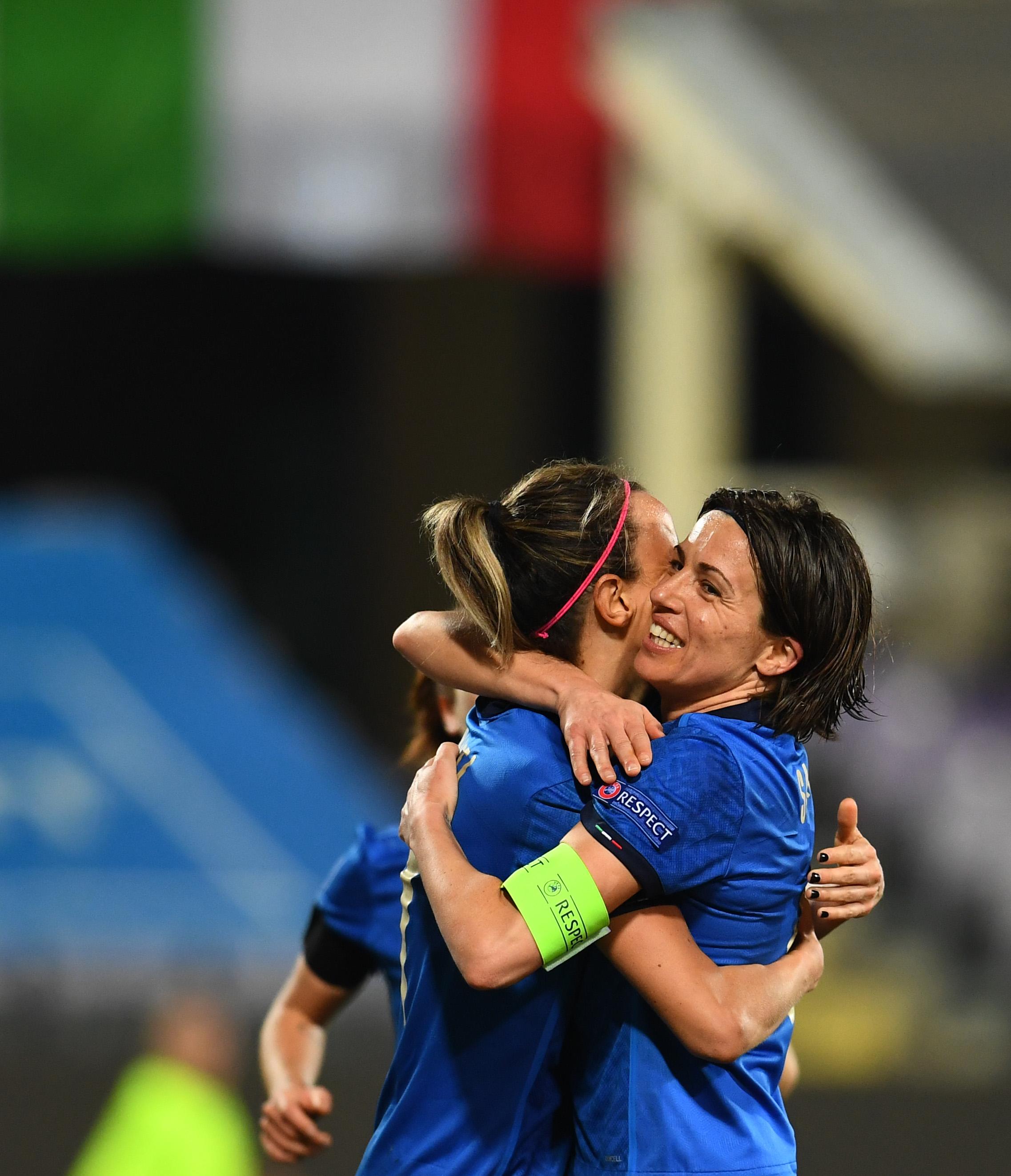 FLORENCE, ITALY - FEBRUARY 24: Daniela Sabatino of Italy celebrates after scoring the tenth goal during the UEFA Women's EURO 2022 Qualifier match between Italy and Israel at Stadio Artemio Franchi on February 24, 2021 in Florence, Italy. (Photo by Claudio Villa/Getty Images)