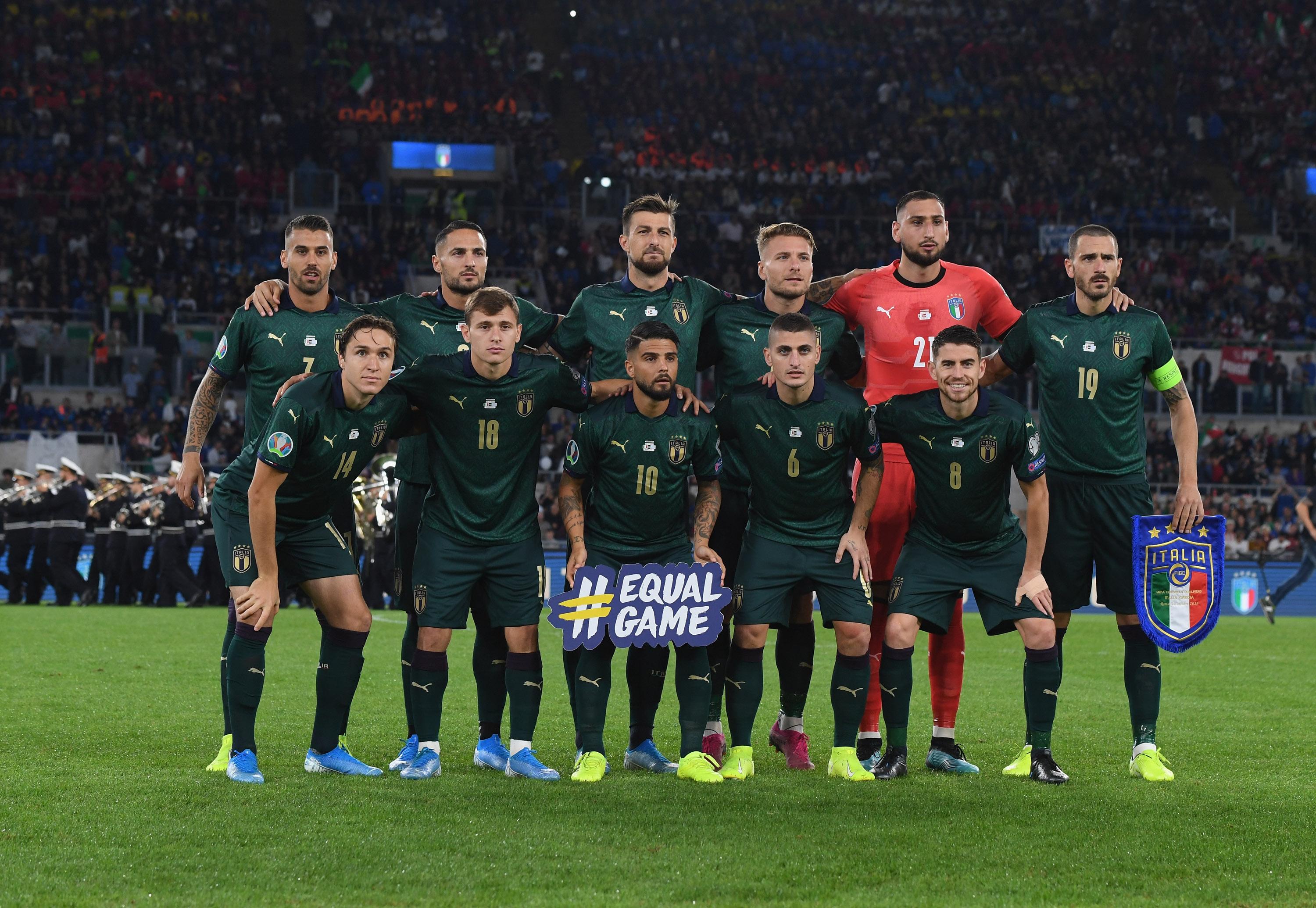 ROME, ITALY - OCTOBER 12: The Italy players line-up with the UEFA #Equal Game hashtag ahead of the UEFA Euro 2020 qualifier between Italy and Greece on October 12, 2019 in Rome, Italy. (Photo by Claudio Villa/Getty Images)