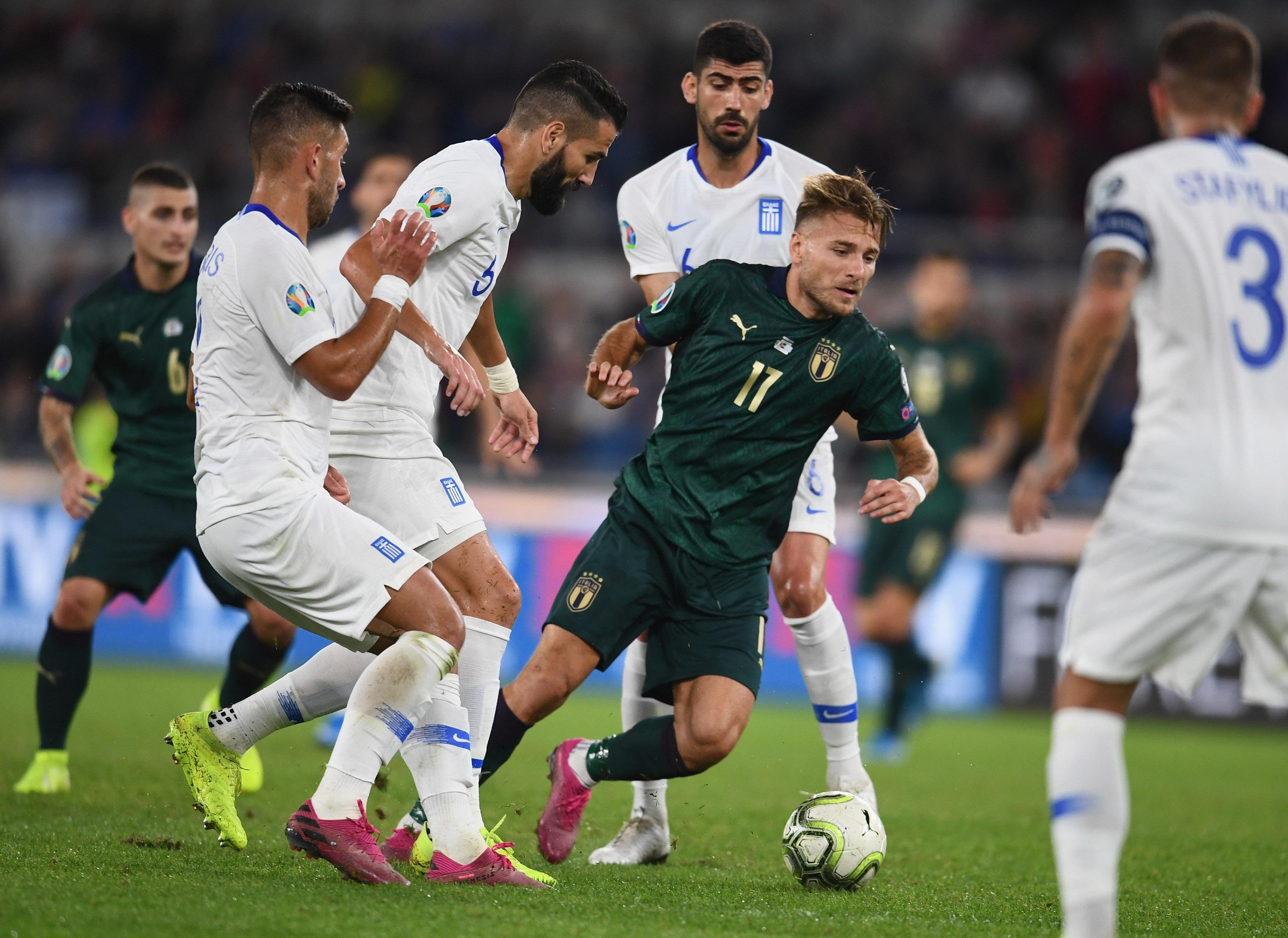 ROME, ITALY - OCTOBER 12: Ciro Immobile of Italy in action during the UEFA Euro 2020 qualifier between Italy and Greece on October 12, 2019 in Rome, Italy. (Photo by Claudio Villa/Getty Images)