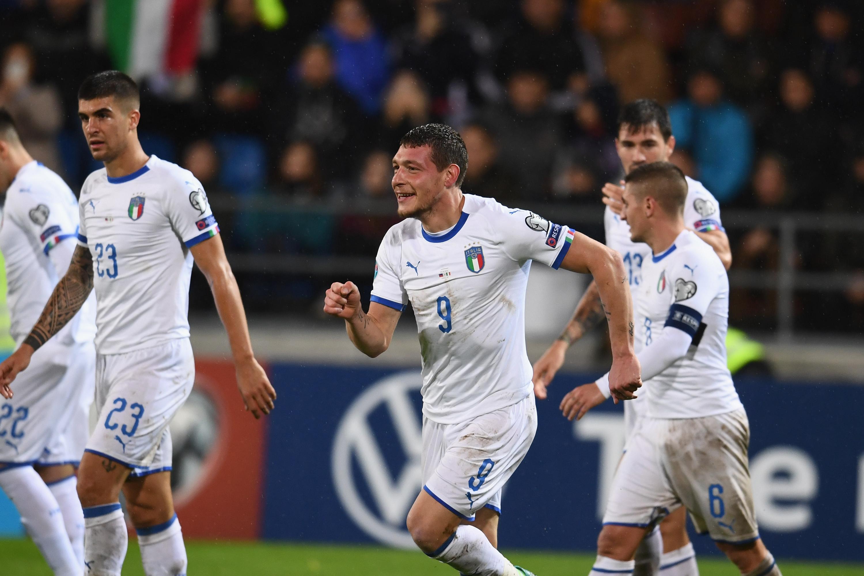 VADUZ, LIECHTENSTEIN - OCTOBER 15:  Andrea Belotti of Italy celebrates after scoring the second goal during the UEFA Euro 2020 qualifier between Liechtenstein and Italy on October 15, 2019 in Vaduz, Liechtenstein.  (Photo by Claudio Villa/Getty Images)