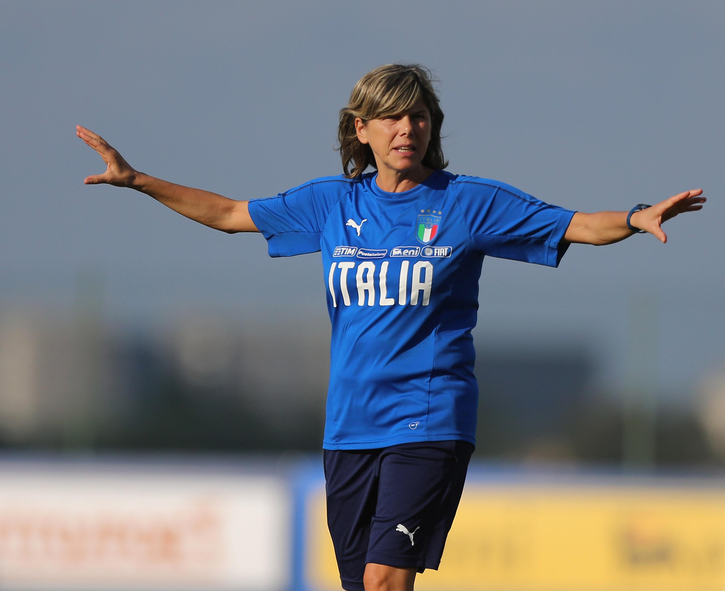 ROME, ITALY - SEPTEMBER 30: Italy women head coach Milena Bertolini gestures during the Italy women training session at Mancini sport centre on September 30, 2019 in Rome, Italy. (Photo by Paolo Bruno/Getty Images)