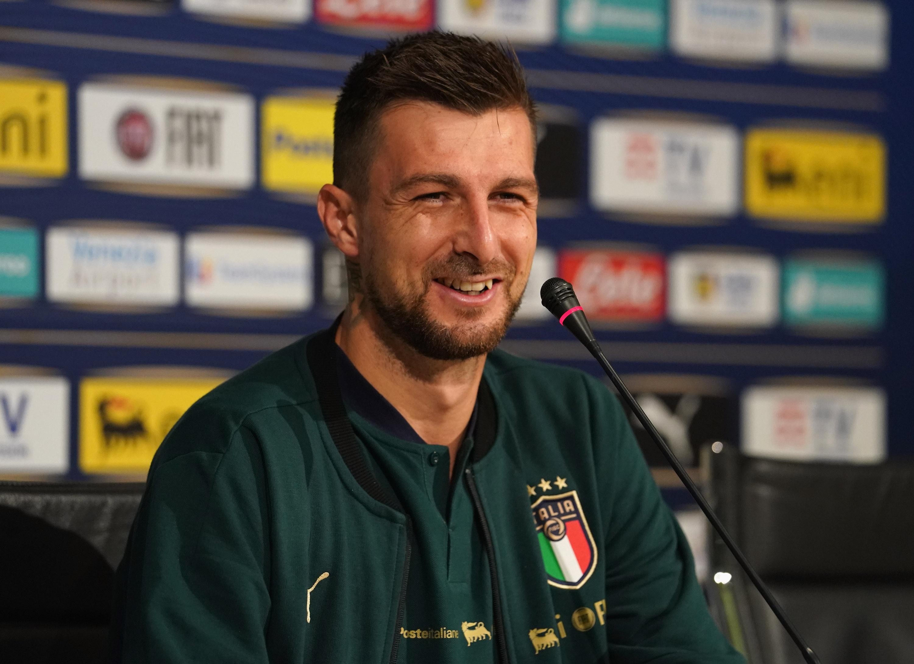 FLORENCE, ITALY - NOVEMBER 13: Francesco Acerbi of Italy speaks with the media during press conference at Centro Tecnico Federale di Coverciano on November 13, 2019 in Florence, Italy. (Photo by Claudio Villa/Getty Images)