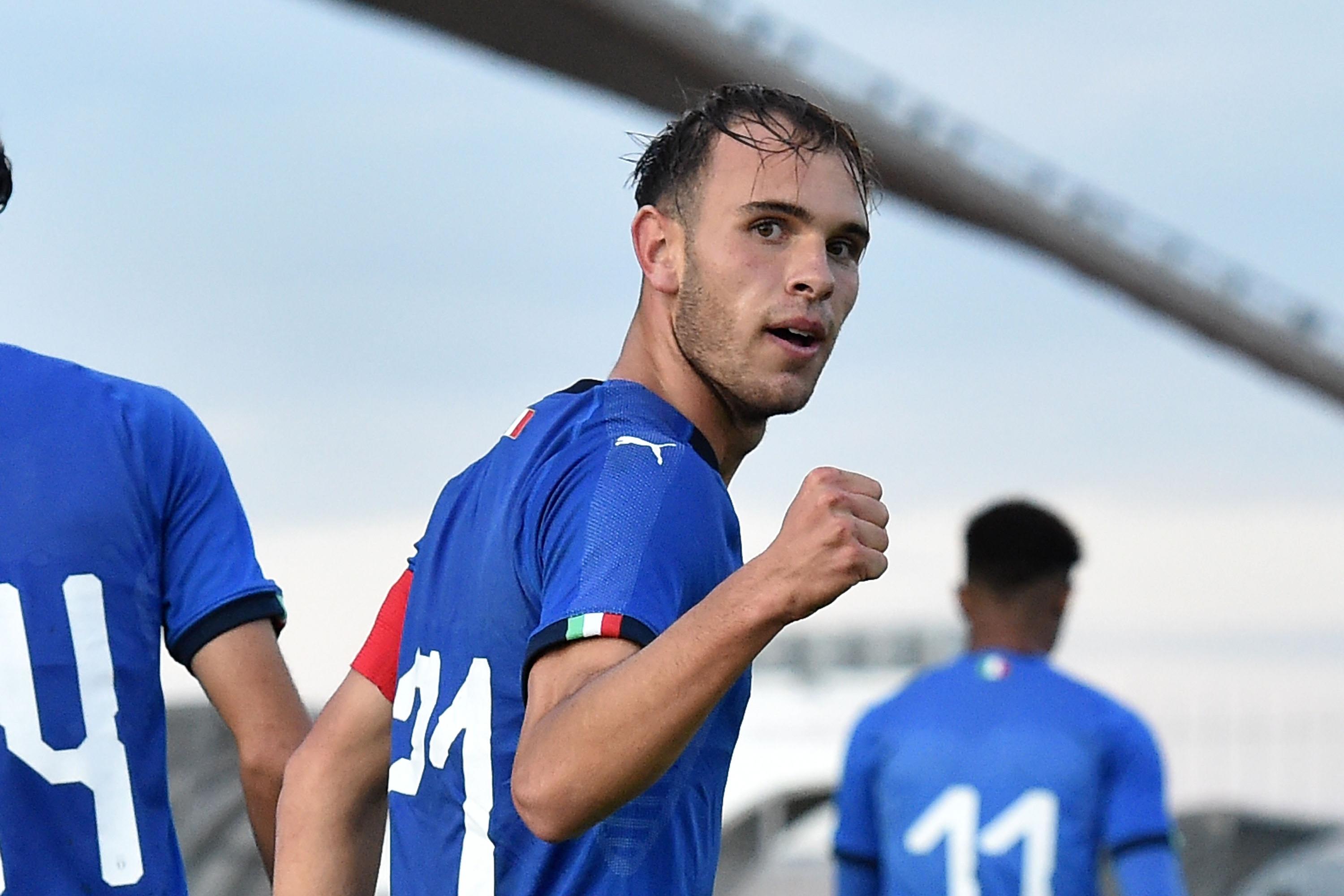 MISANO ADRIATICO, ITALY - NOVEMBER 13:  Alessio Riccardi of Italy U19 celebrates after scoring goal 2-0 during the UEFA European Under-19 Championship qualifying round match between Italy U19 v Malta U19 on November 13, 2019 in Misano Adriatico, Italy.  (Photo by Giuseppe Bellini/Getty Images)