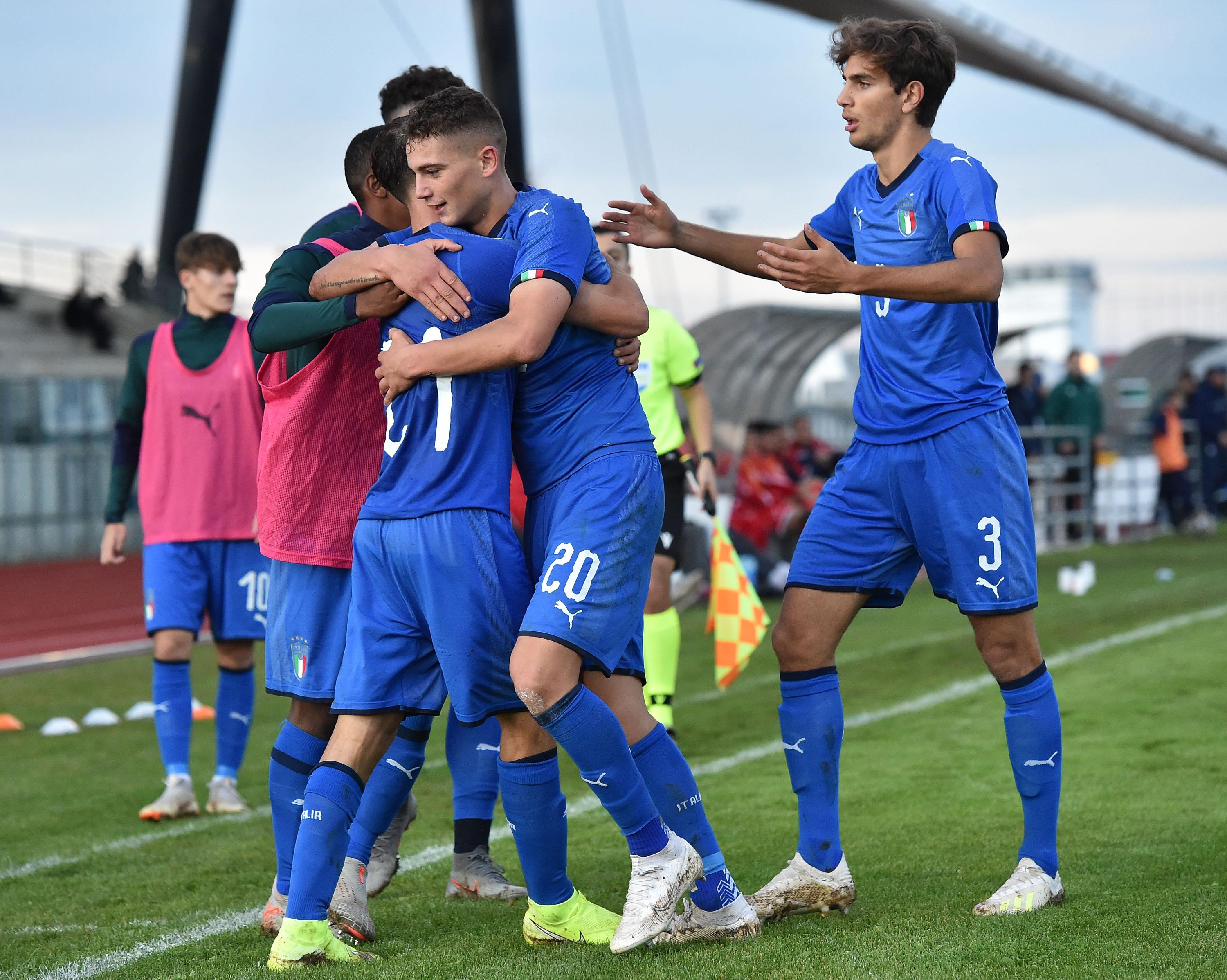 MISANO ADRIATICO, ITALY - NOVEMBER 13: Alessio Riccardi of Italy U19 celebrates after scoring goal 2-0 during the UEFA European Under-19 Championship qualifying round match between Italy U19 v Malta U19 on November 13, 2019 in Misano Adriatico, Italy. (Photo by Giuseppe Bellini/Getty Images)