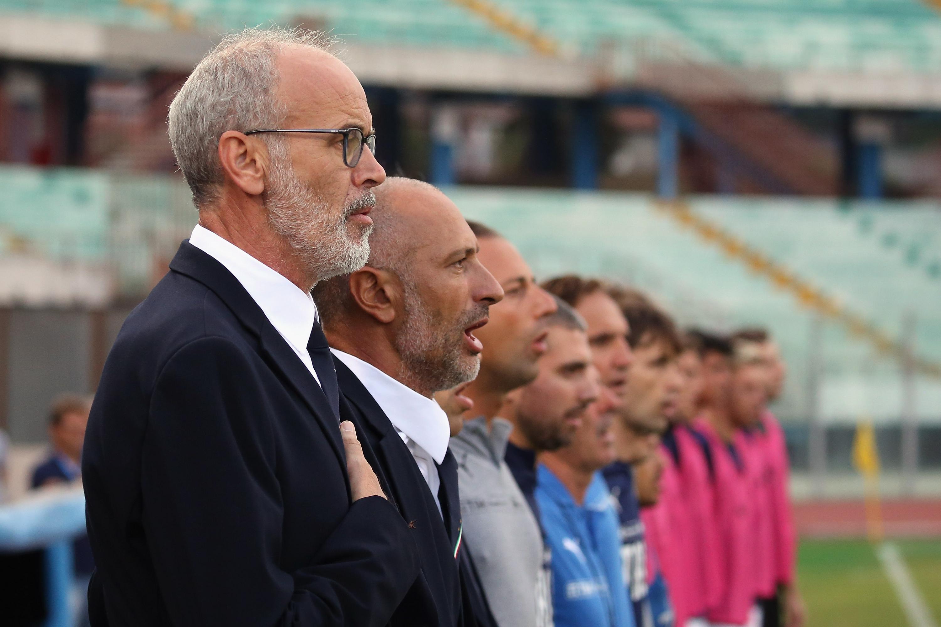 CATANIA, ITALY - SEPTEMBER 06: Head coach of Italy Paolo Nicolato signs the national anthem prior the U21 International Friendly match between Italy and Moldova at Stadio Angelo Massimino on September 5, 2019 in Catania, Italy. (Photo by Maurizio Lagana/Getty Images)