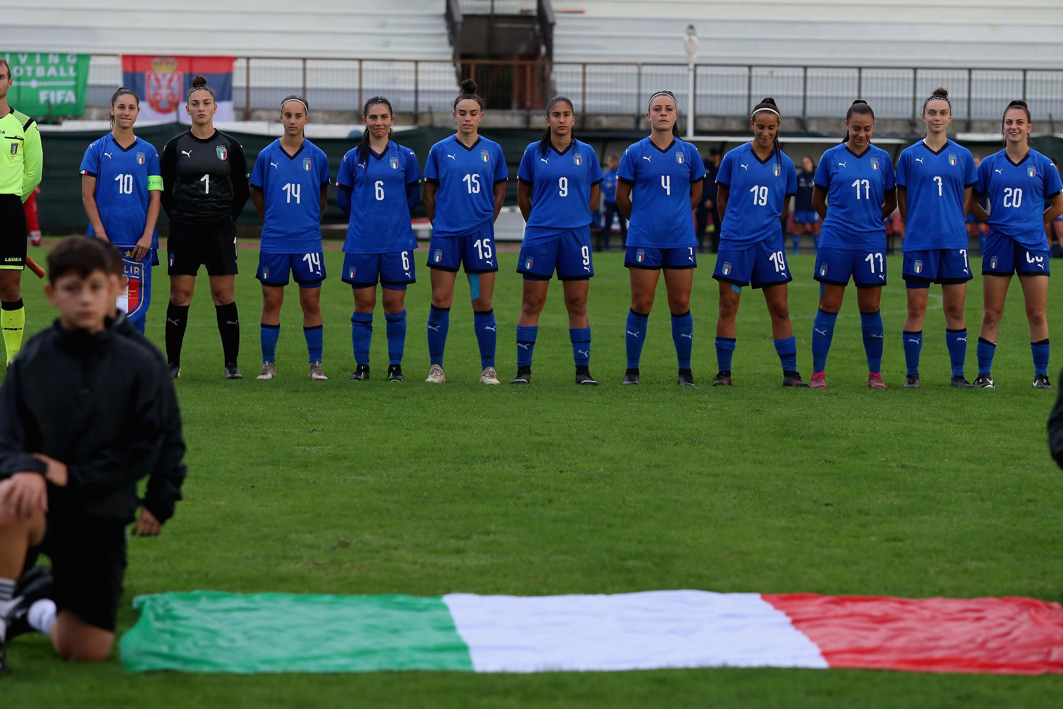PERUGIA, ITALY - SEPTEMBER 23:  The Italy players sing their National Anthem during the frendly match between Italy U17 women and Serbia U17 women at Enzo Blasone stadium on September 23, 2019 in Foligno near Perugia, Italy.  (Photo by Paolo Bruno/Getty Images)