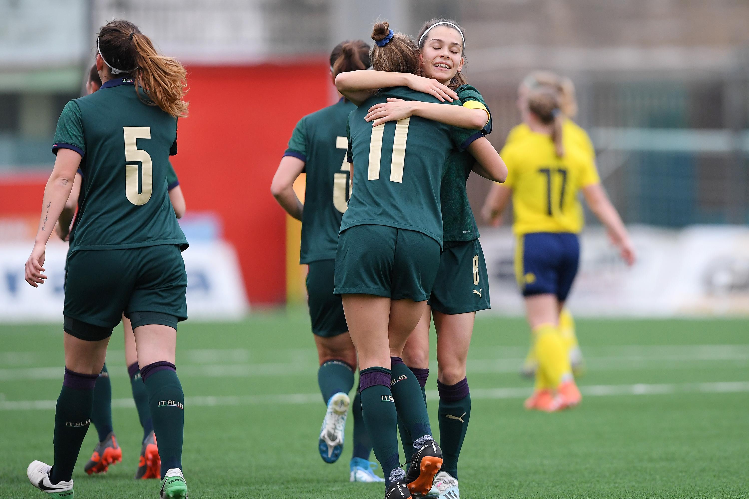 TORRE DEL GRECO, ITALY - JANUARY 28: Angela Caloia and Sofia Colombo of Italy U19 Women celebrate the 2-0 goal scored by Angela Caloia during the U19 Women International friendly match on January 28, 2020 in Torre del Greco, Italy. (Photo by Francesco Pecoraro/Getty Images)