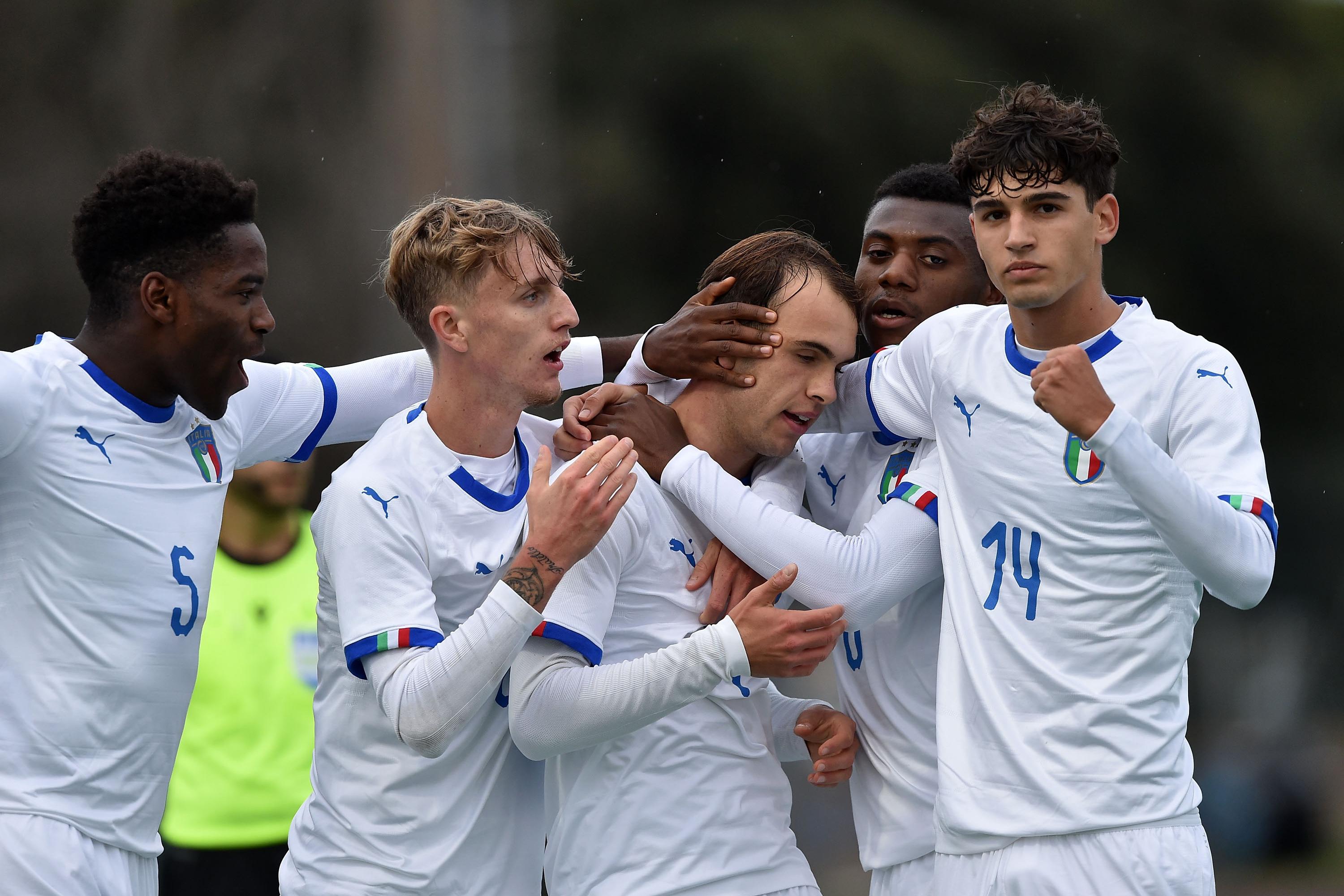 CATTOLICA, ITALY - NOVEMBER 19: Alessio Riccardi of Italy U19 celebrates after scoring opening goal during the UEFA European Under-19 Championship qualifying round match between Italy and Slovakia on November 16, 2019 in Cattolica, Italy. (Photo by Giuseppe Bellini/Getty Images)