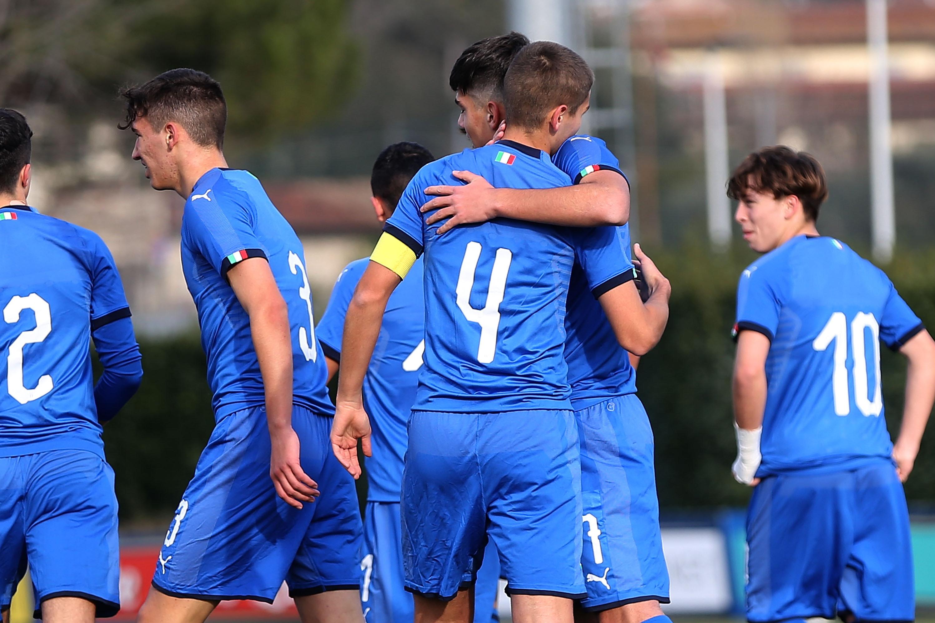 FLORENCE, ITALY - JANUARY 21: Giordano Rossi #7 of Italy U16 celebrates after scoring a goal during the U16 International Friendly match bewtween Italy and Qatar at Centro Tecnico Federale di Coverciano on January 21, 2020 in Florence, Italy.  (Photo by Gabriele Maltinti/Getty Images)