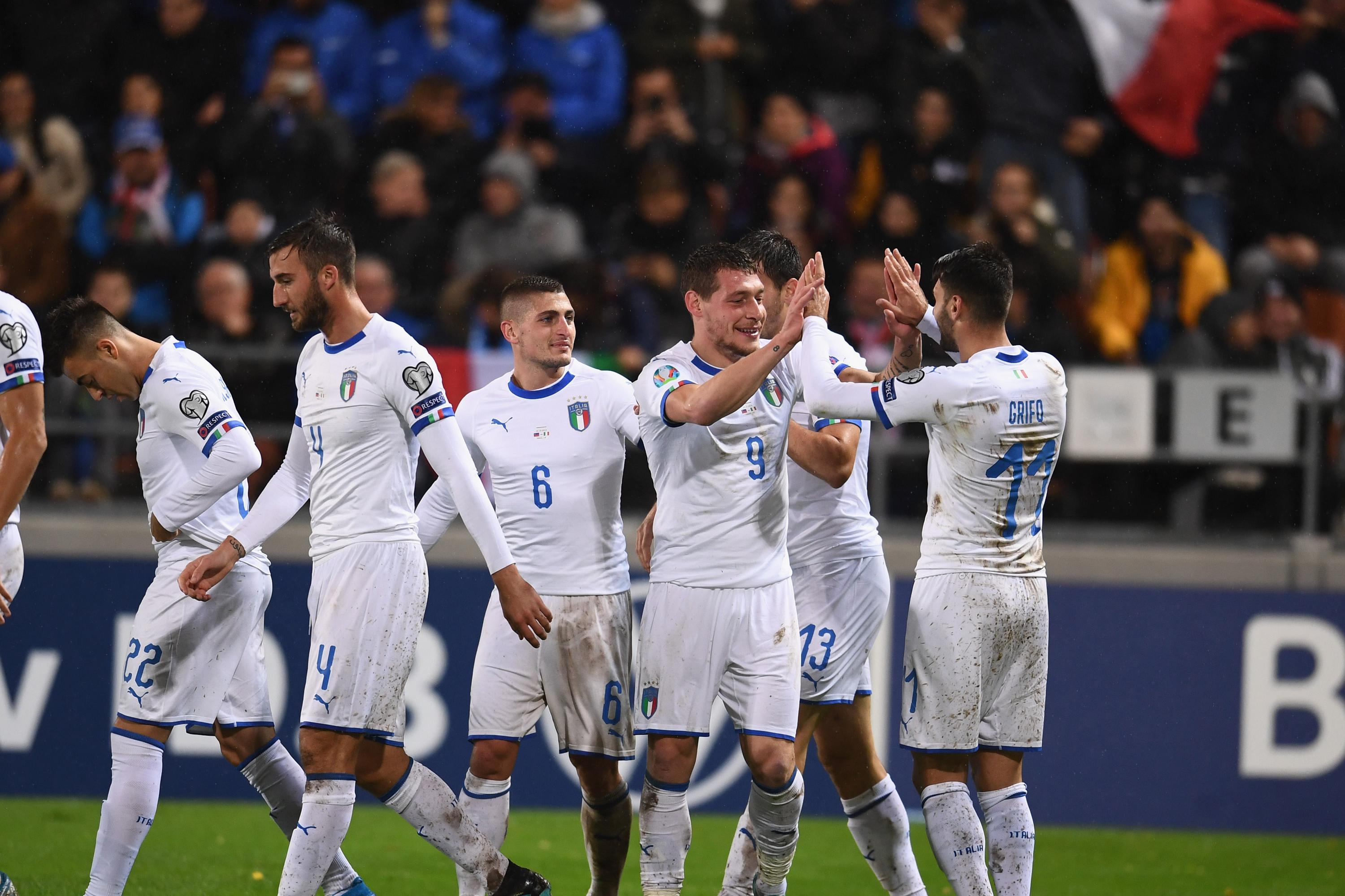 VADUZ, LIECHTENSTEIN - OCTOBER 15:  Andrea Belotti of Italy celebrates with team-mates after scoring the second goal during the UEFA Euro 2020 qualifier between Liechtenstein and Italy on October 15, 2019 in Vaduz, Liechtenstein.  (Photo by Claudio Villa/Getty Images)