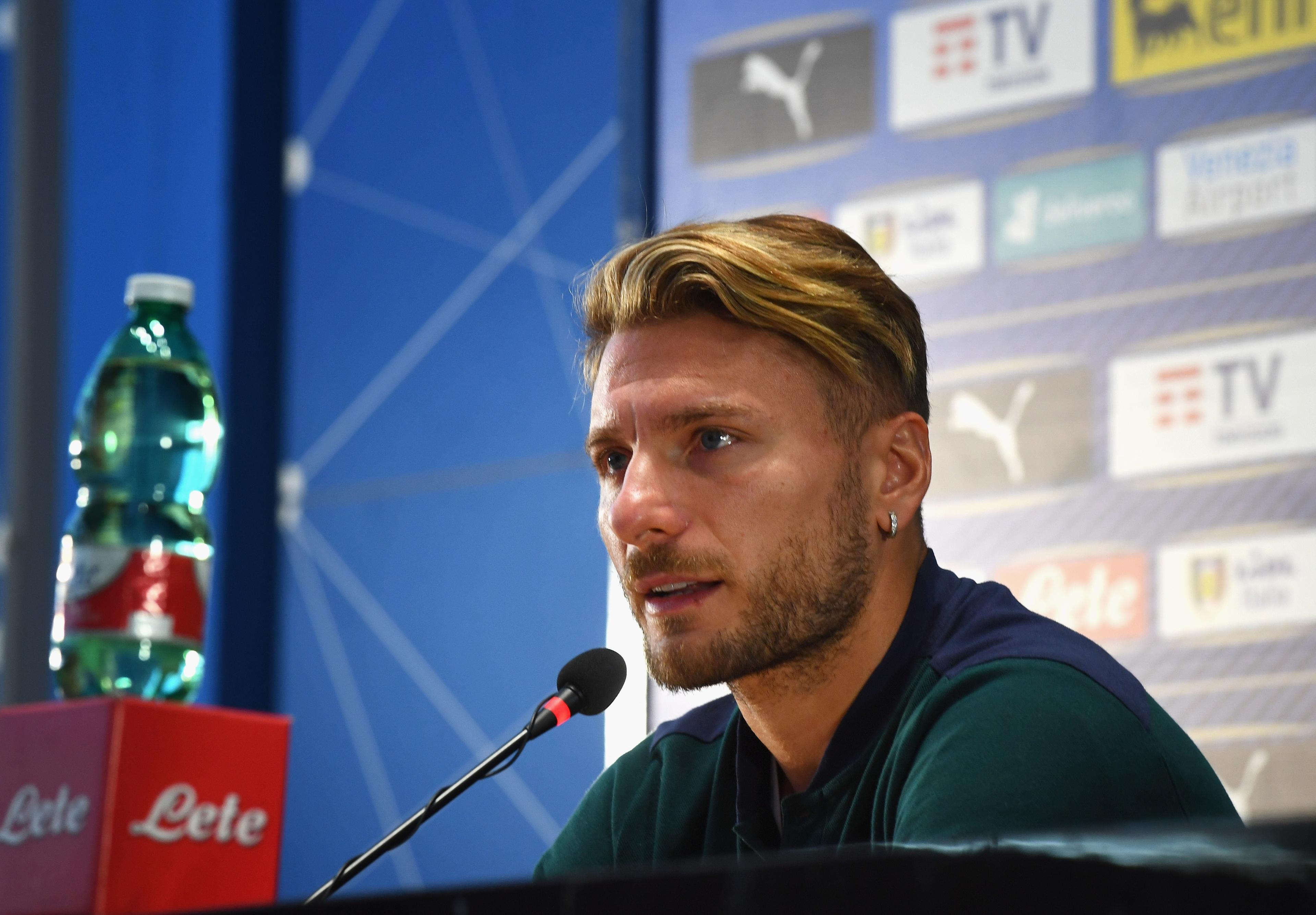 FLORENCE, ITALY - SEPTEMBER 02: Ciro Immobile of Italy speaks with the media during a press conference at Centro Tecnico Federale di Coverciano on September 2, 2020 in Florence, Italy. (Photo by Claudio Villa/Getty Images) *** Local Caption *** Ciro Immobile