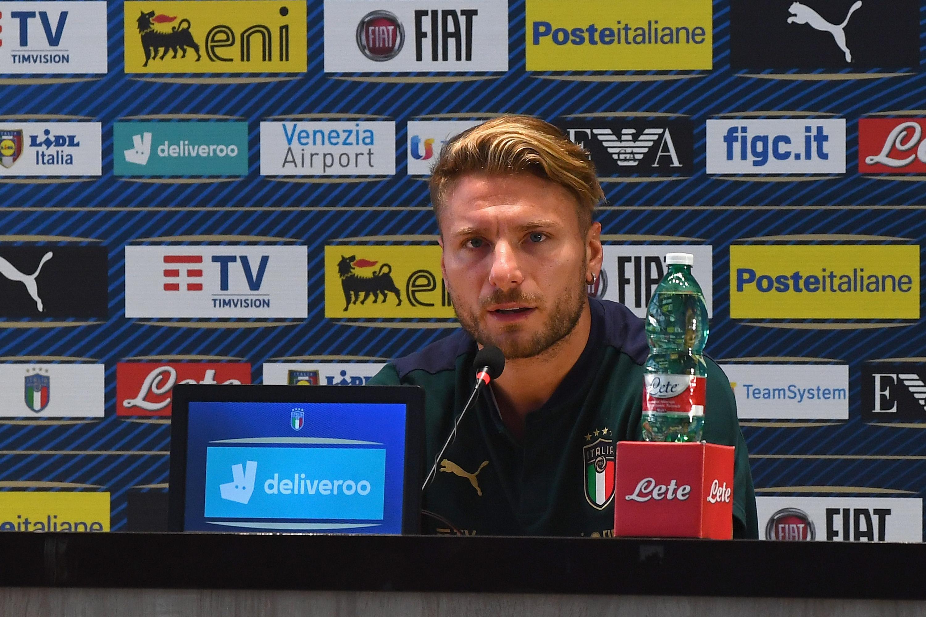 FLORENCE, ITALY - SEPTEMBER 02:  Ciro Immobile of Italy speaks with the media during a press conference at Centro Tecnico Federale di Coverciano on September 2, 2020 in Florence, Italy.  (Photo by Claudio Villa/Getty Images) *** Local Caption *** Ciro Immobile