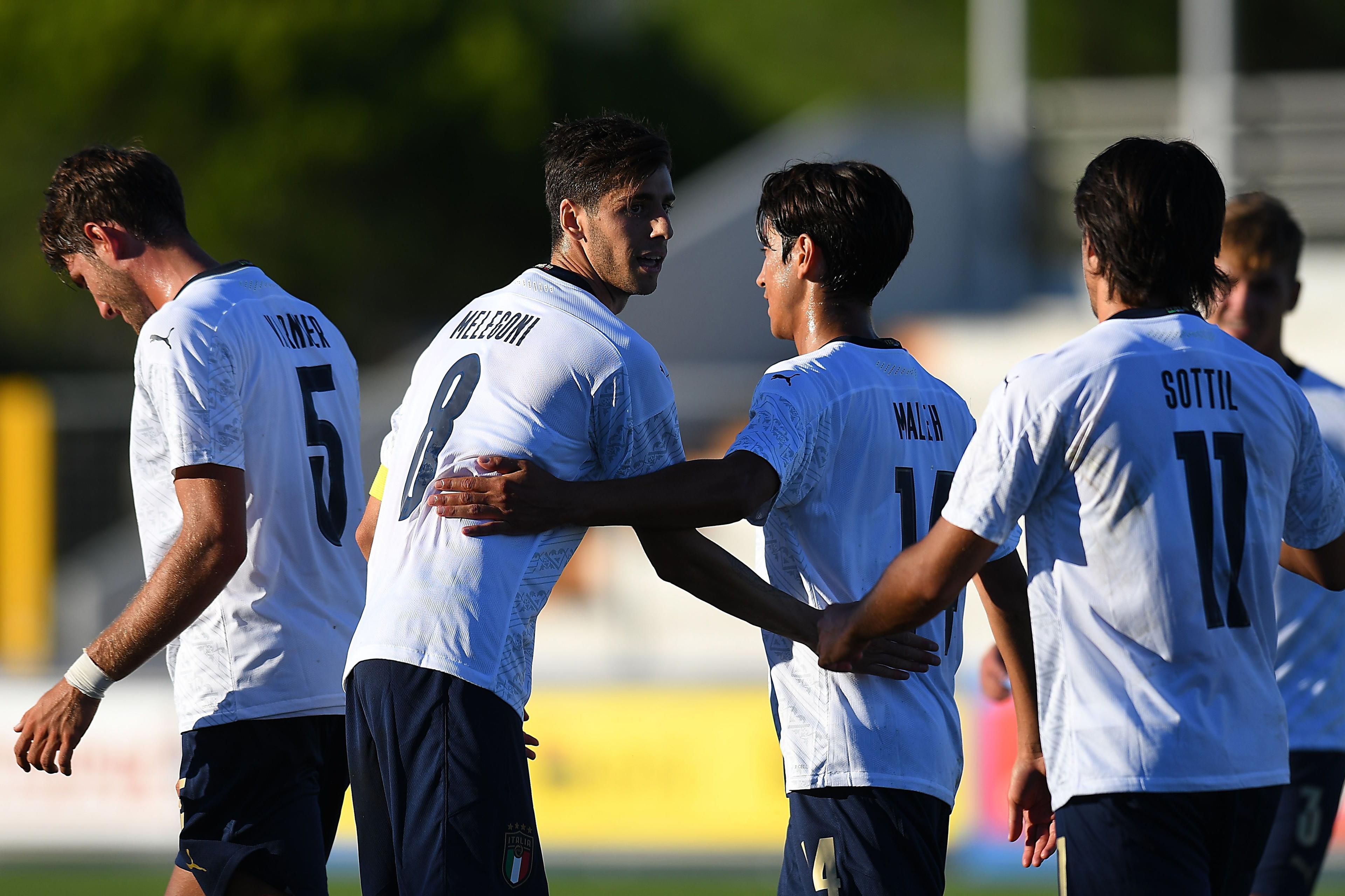 LIGNANO SABBIADORO, ITALY - SEPTEMBER 03:  Filippo Melegoni of Italy U21 celebrates after scoring his team second goalduring the International Friendly match between Italy U21 and Slovenia U21 at Stadio Guido Teghil on September 03, 2020 in Lignano Sabbiadoro, Italy. (Photo by Alessandro Sabattini/Getty Images)