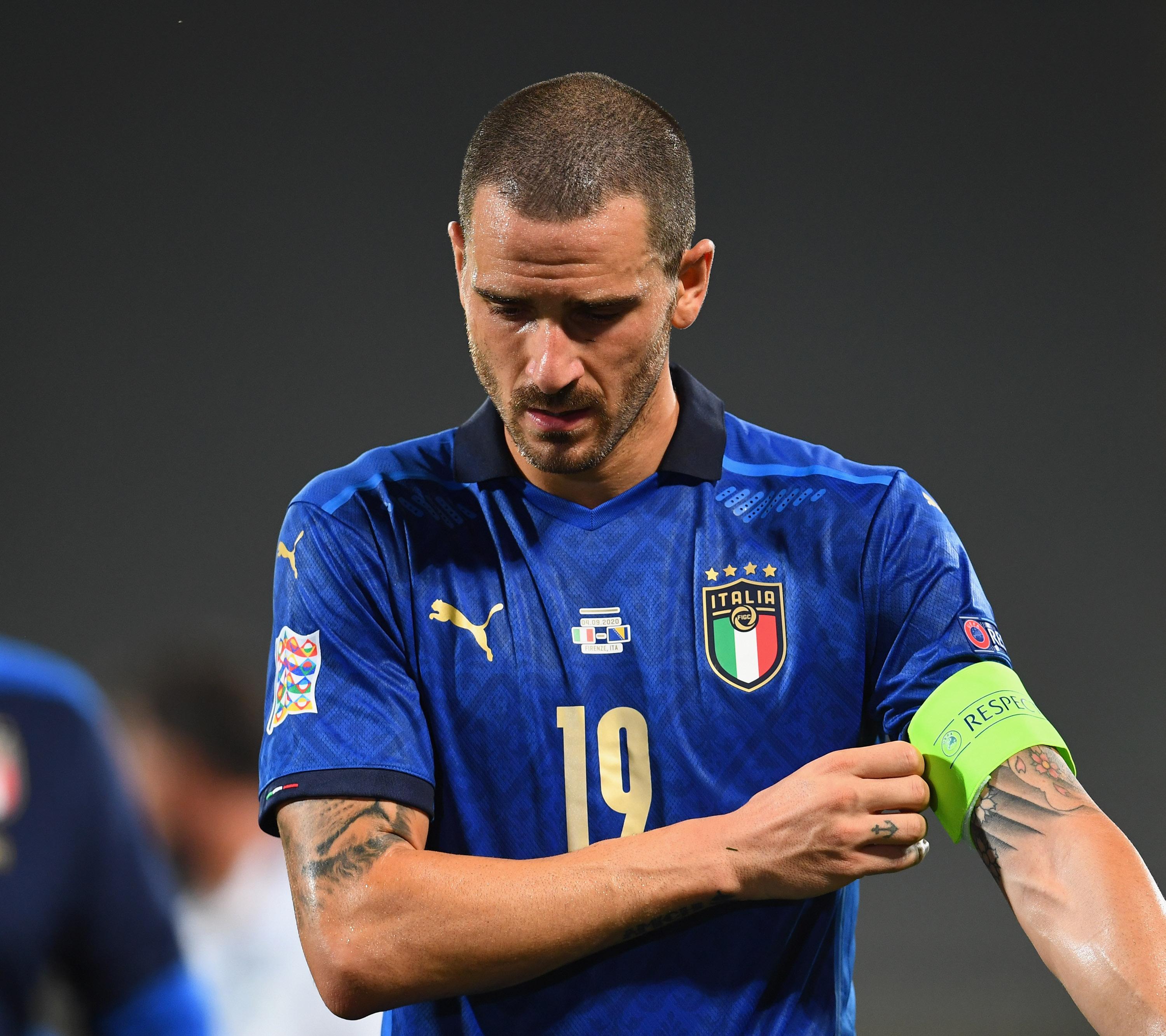 FLORENCE, ITALY - SEPTEMBER 04: Leonardo Bonucci of Italy in action during the UEFA Nations League group stage match between Italy and Bosnia and Herzegovina at Artemio Franchi on September 4, 2020 in Florence, Italy. (Photo by Claudio Villa/Getty Images) *** Local Caption *** Leonardo Bonucci