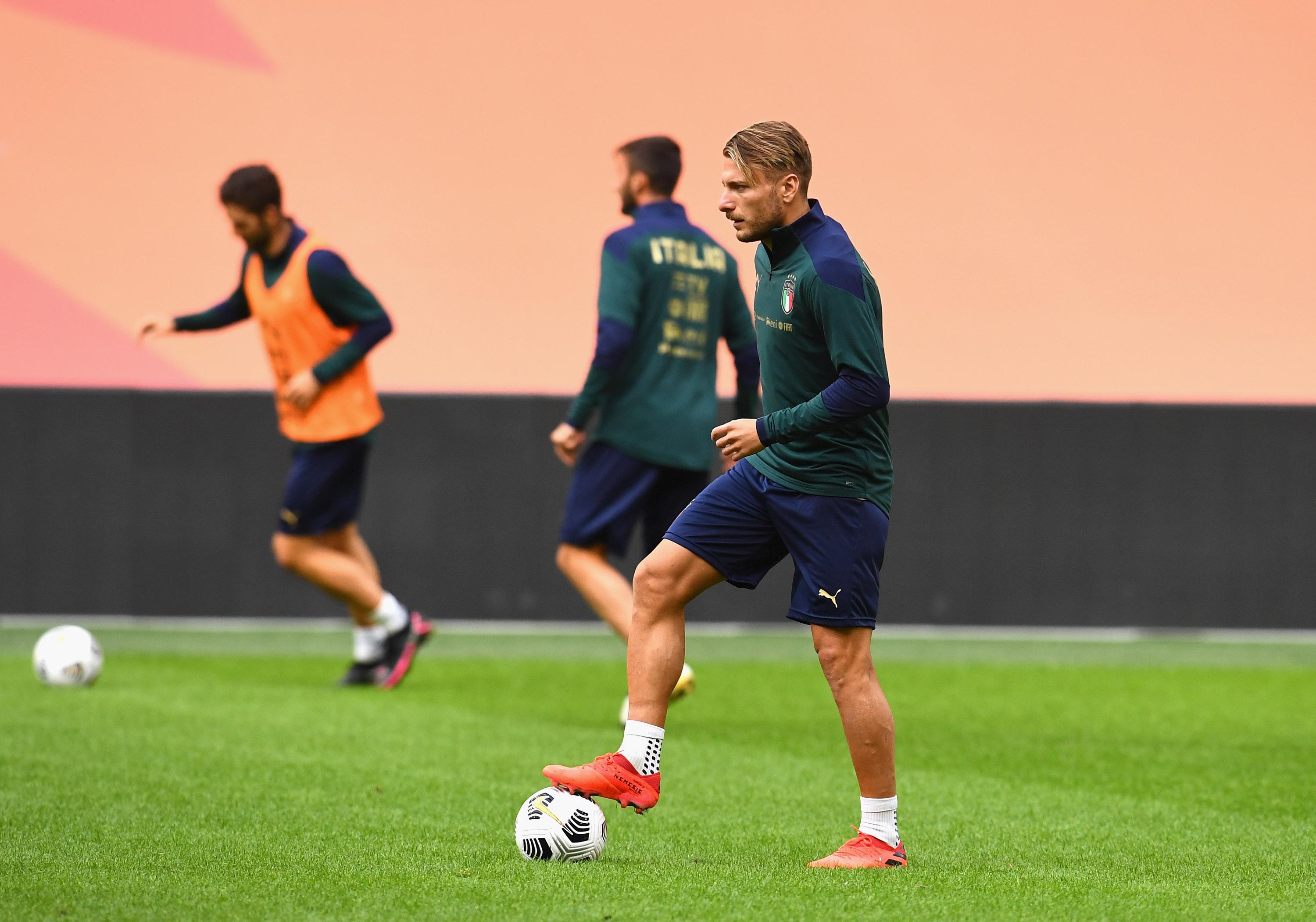 AMSTERDAM, NETHERLANDS - SEPTEMBER 06: Ciro Immobile of Italy in action during a training session at Johan Cruijff Arena on September 6, 2020 in Amsterdam, Netherlands. (Photo by Claudio Villa/Getty Images) *** Local Caption *** Ciro Immobile