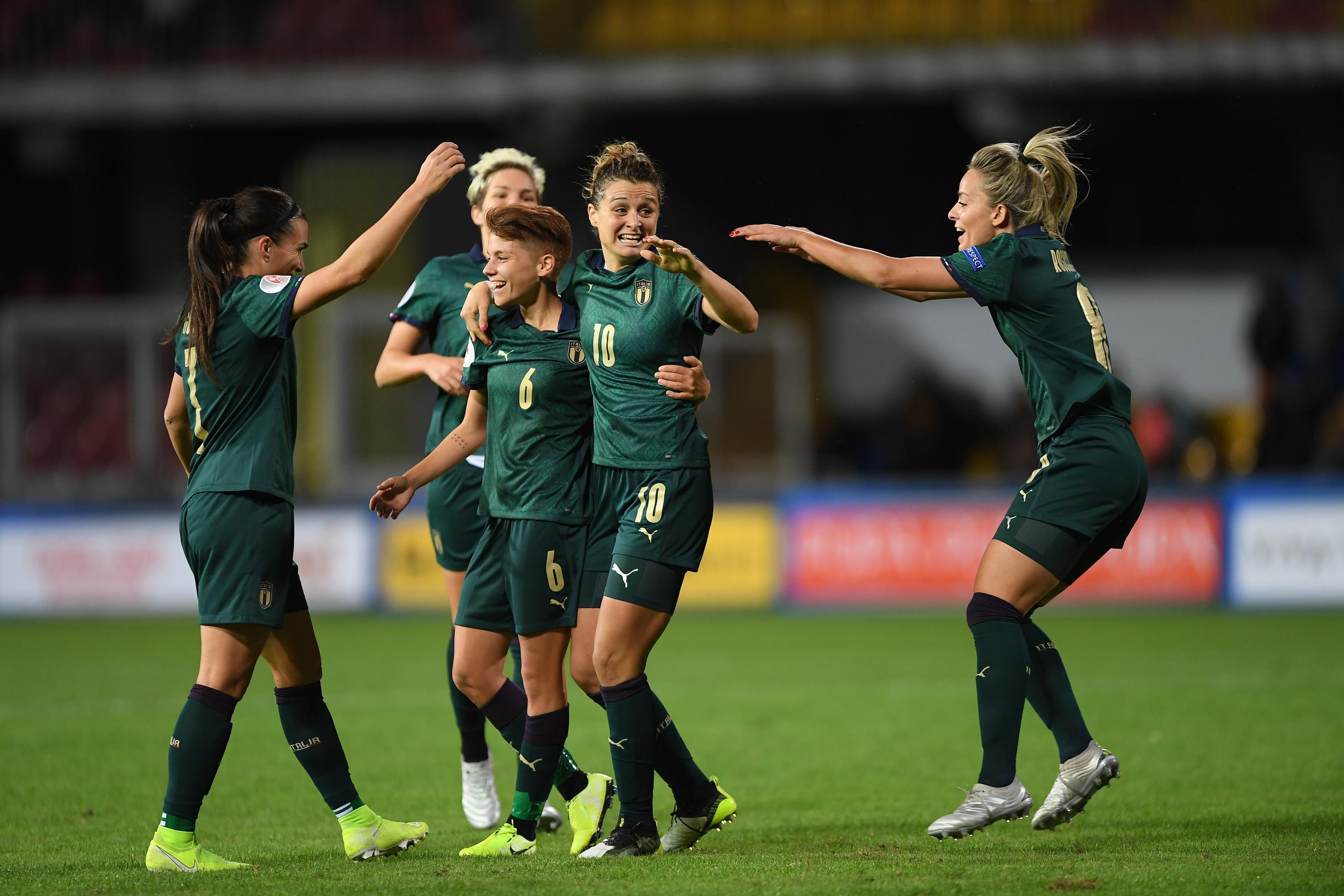 BENEVENTO, ITALY - NOVEMBER 08: Cristiana Girelli of Italy women celebrates the 3-0 goal during the UEFA Women\\'s Euros 2021 Qualifier match between Italy Women v Georgia Women on November 08, 2019 in Benevento, Italy. (Photo by Francesco Pecoraro/Getty Images)