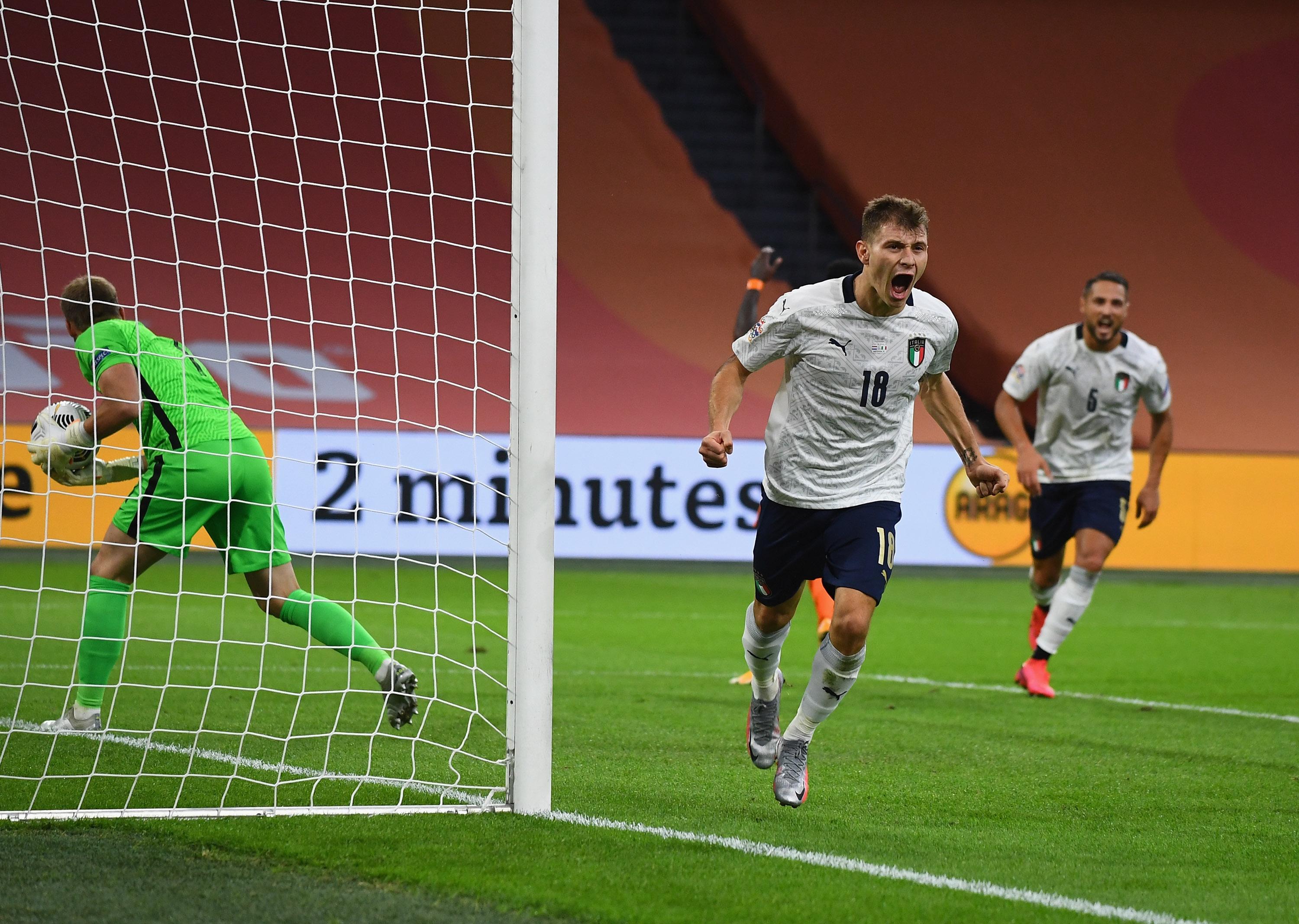 AMSTERDAM, NETHERLANDS - SEPTEMBER 07: Nicolo Barella of Italy celebrates after scoring the opening goal during the UEFA Nations League group stage match between Netherlands and Italy at Johan Cruijff Arena on September 7, 2020 in Amsterdam, Netherlands. (Photo by Claudio Villa/Getty Images) *** Local Caption *** Nicolo Barella