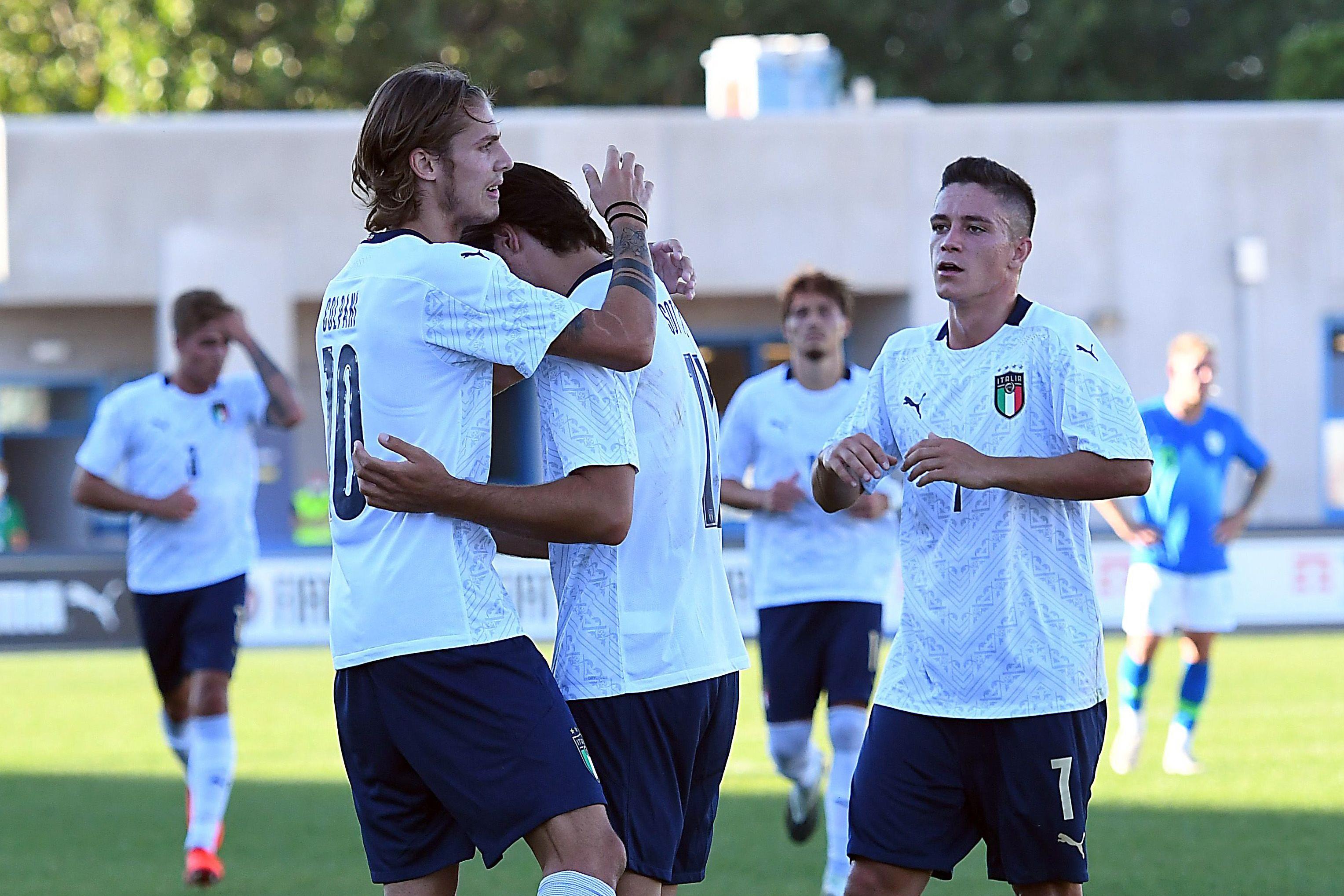 LIGNANO SABBIADORO, ITALY - SEPTEMBER 03:  Andrea Colpani of Italy U21 celebrates with after scoring the opening goal during the International Friendly match between Italy U21 and Slovenia U21 at Stadio Guido Teghil on September 03, 2020 in Lignano Sabbiadoro, Italy. (Photo by Alessandro Sabattini/Getty Images)