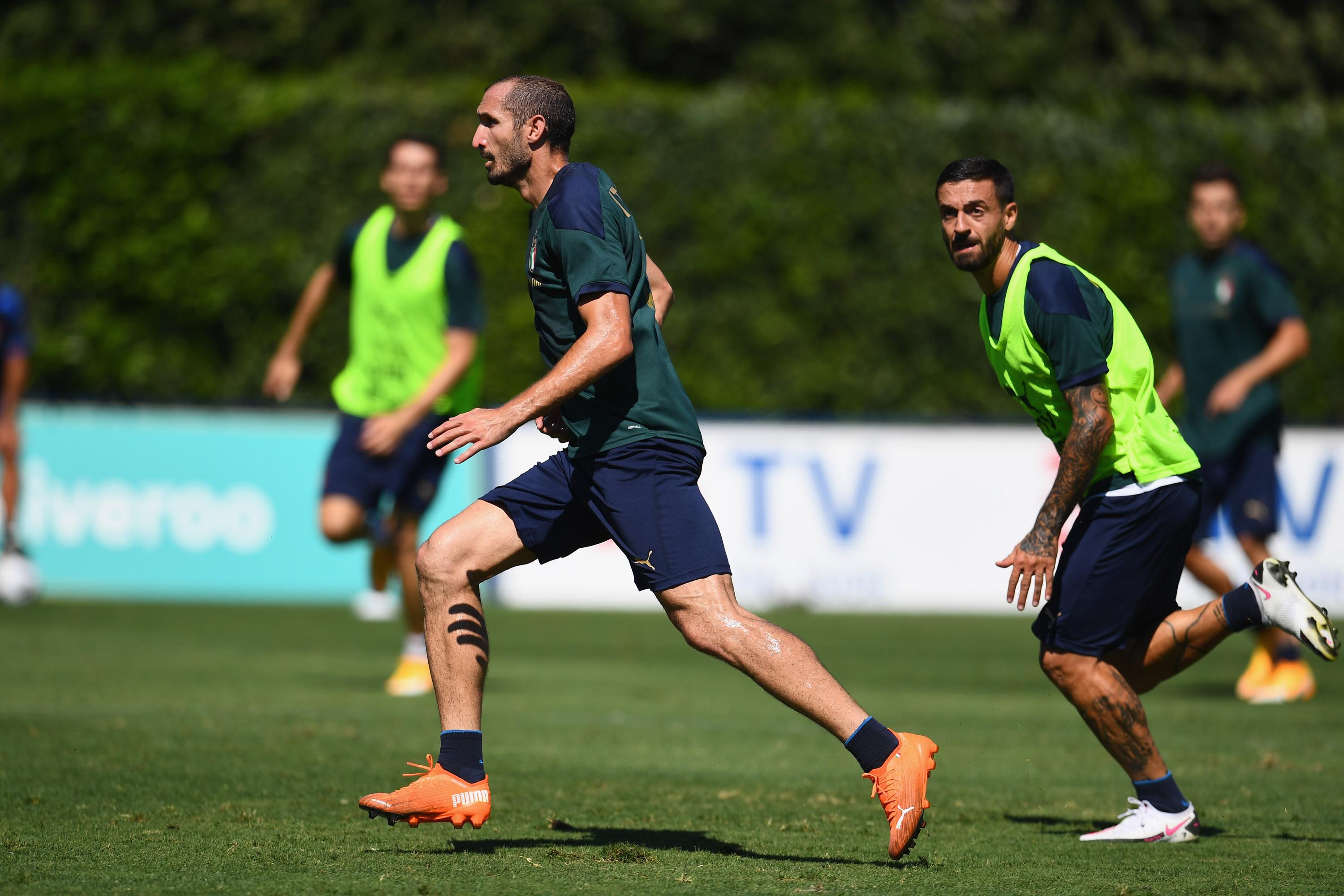 FLORENCE, ITALY - SEPTEMBER 05:  Giorgio Chiellini of Italy in action dudring a training session at Centro Tecnico Federale di Coverciano on September 5, 2020 in Florence, Italy.  (Photo by Claudio Villa/Getty Images) *** Local Caption *** Giorgio Chiellini