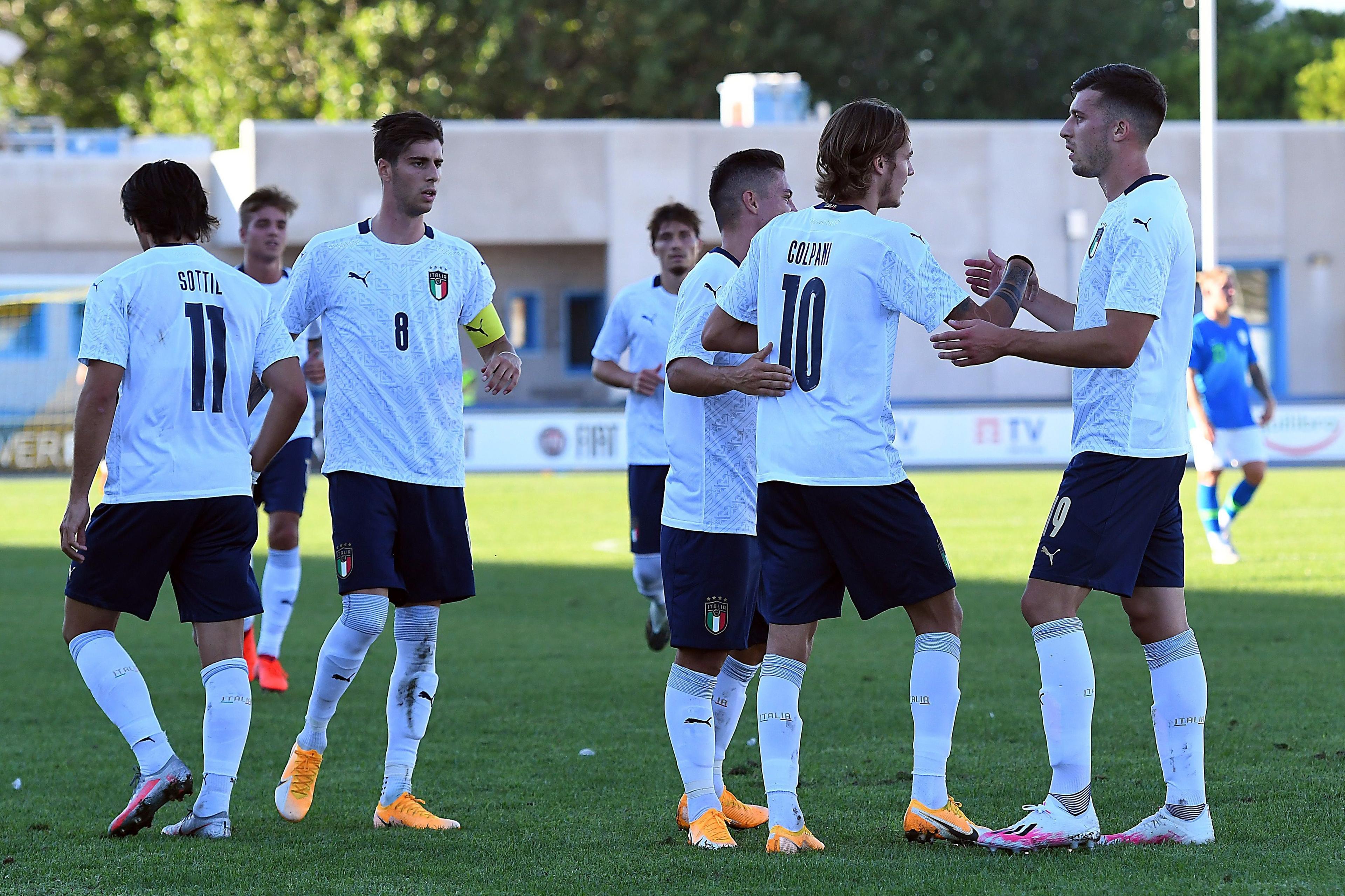 LIGNANO SABBIADORO, ITALY - SEPTEMBER 03:  Andrea Colpani of Italy U21 celebrates with after scoring the opening goal during the International Friendly match between Italy U21 and Slovenia U21 at Stadio Guido Teghil on September 03, 2020 in Lignano Sabbiadoro, Italy. (Photo by Alessandro Sabattini/Getty Images)
