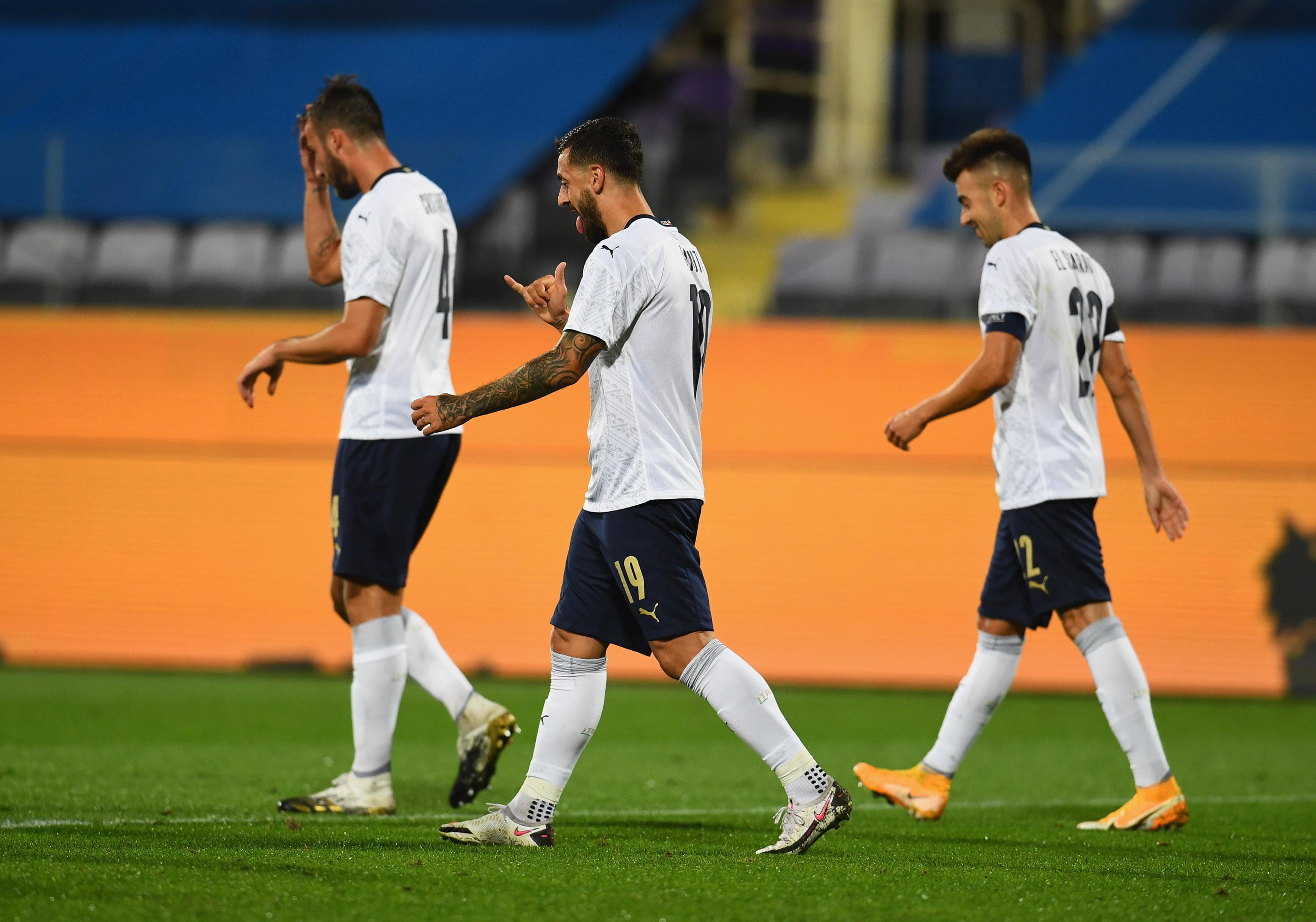 FLORENCE, ITALY - OCTOBER 07: Francesco Caputo (C) of Italy celebrate after scoring the goal during the international friendly match between Italy and Moldova at Artemio Franchi on October 7, 2020 in Florence, Italy. (Photo by Claudio Villa/Getty Images) *** Local Caption *** Francesco Caputo