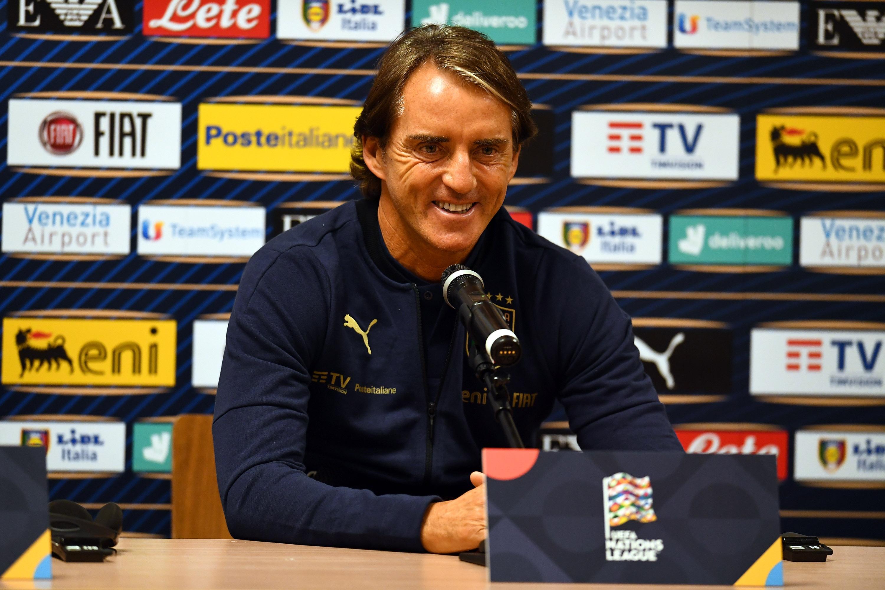 GDANSK, POLAND - OCTOBER 10:  Head coach Italy Roberto Mancini speaks with the media during a press conference at Energa Arena on October 10, 2020 in Gdansk, Poland.  (Photo by Claudio Villa/Getty Images) *** Local Caption *** Roberto Mancini