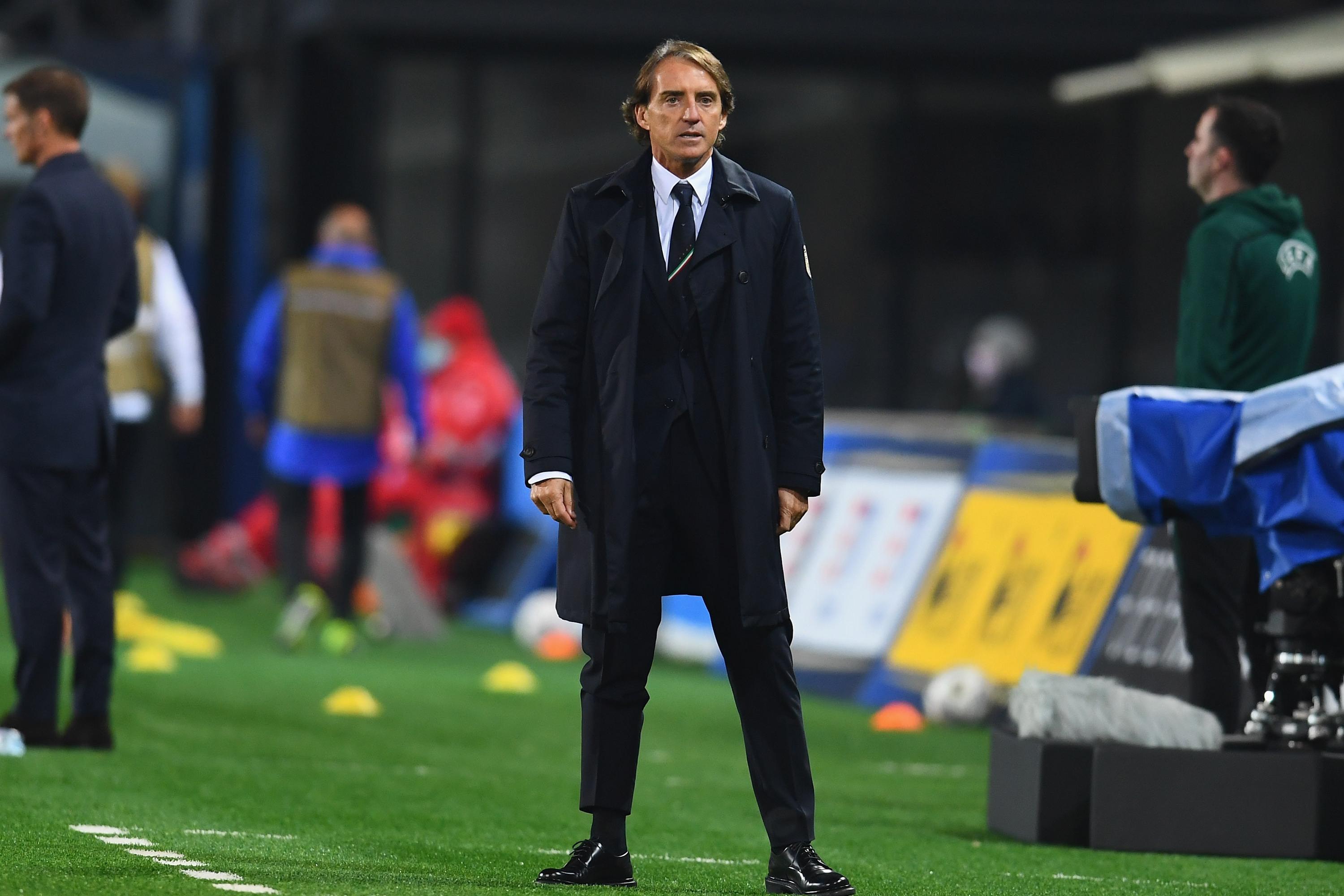 BERGAMO, ITALY - OCTOBER 14:  Head coach of Italy Roberto Mancini reacts during the UEFA Nations League group stage match between Italy and Netherlands at Stadio Atleti Azzurri d\\'Italia on October 14, 2020 in Bergamo, Italy.  (Photo by Claudio Villa/Getty Images) *** Local Caption *** Roberto Mancini