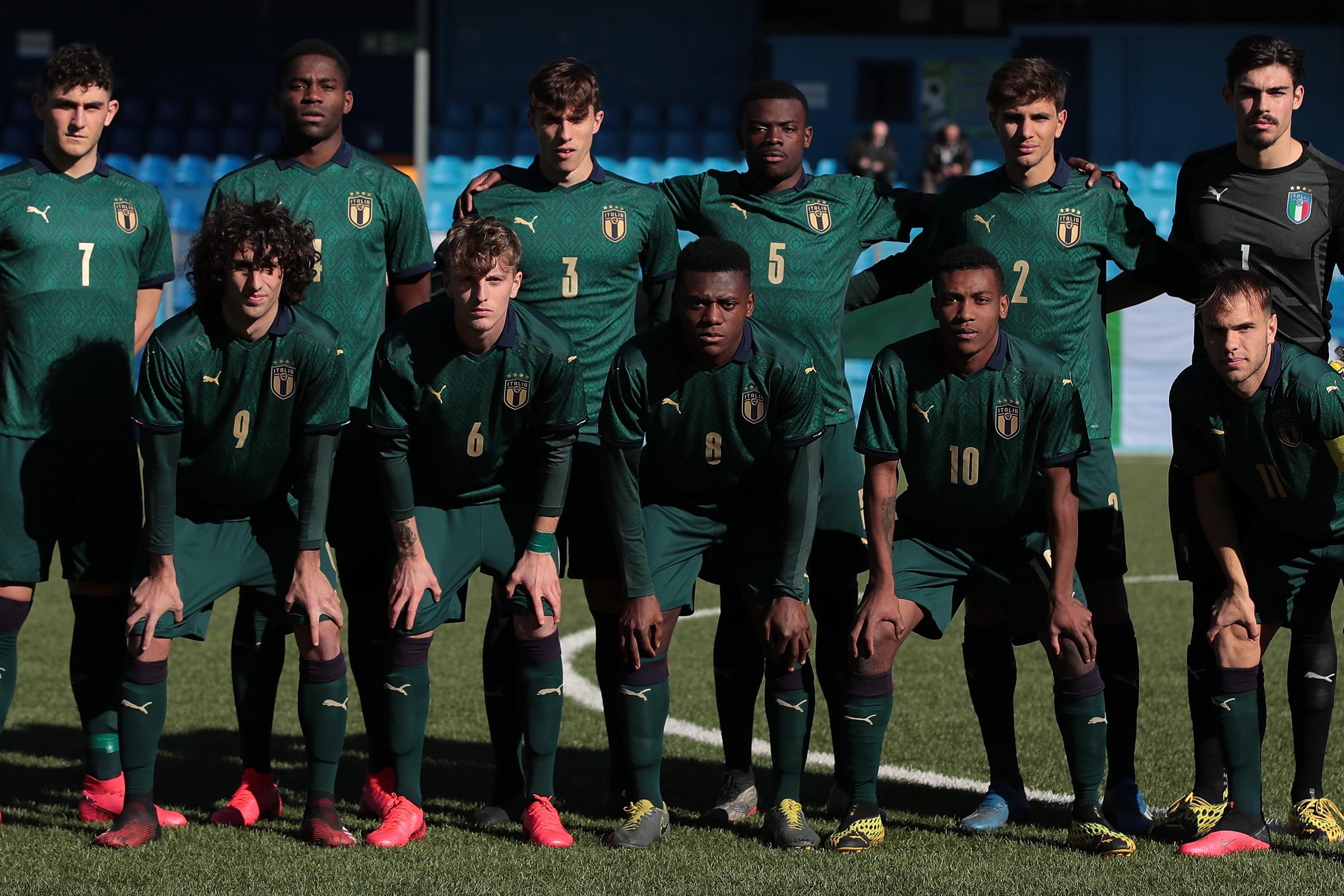 LECCO, ITALY - FEBRUARY 12:  Italy team line up prior to the International Friendly match between Italy U19 and Switzerland U19 on February 12, 2020 in Lecco, Italy.  (Photo by Emilio Andreoli/Getty Images)