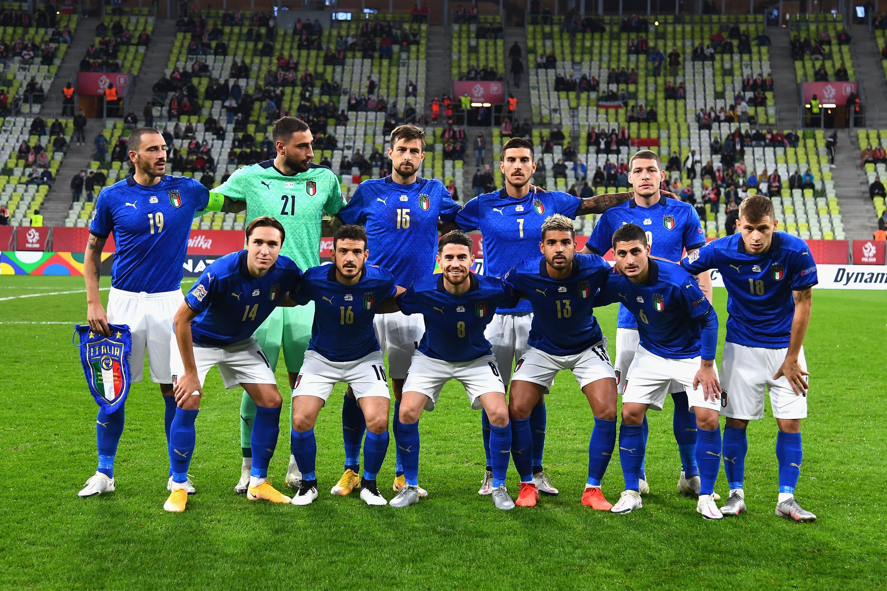 GDANSK, POLAND - OCTOBER 11:  Players of Italy  line up prior to the during the UEFA Nations League group stage match between Poland and Italy at Gdansk Stadium on October 11, 2020 in Gdansk, Poland.  (Photo by Claudio Villa/Getty Images)