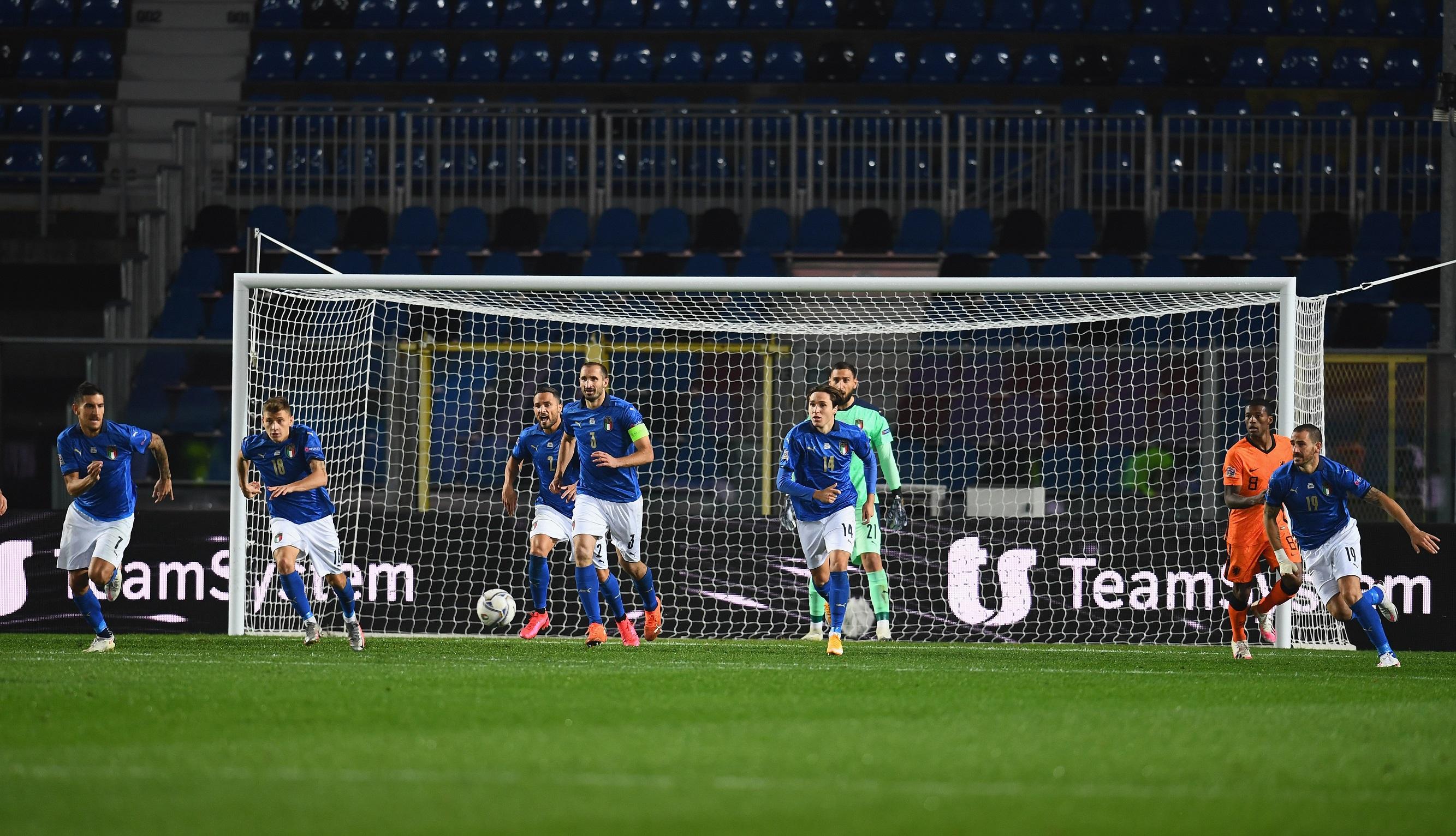 BERGAMO, ITALY - OCTOBER 14: TEAMSYSTEM during the UEFA Nations League group stage match between Italy and Netherlands at Stadio Atleti Azzurri d'Italia on October 14, 2020 in Bergamo, Italy. (Photo by Claudio Villa/Getty Images)